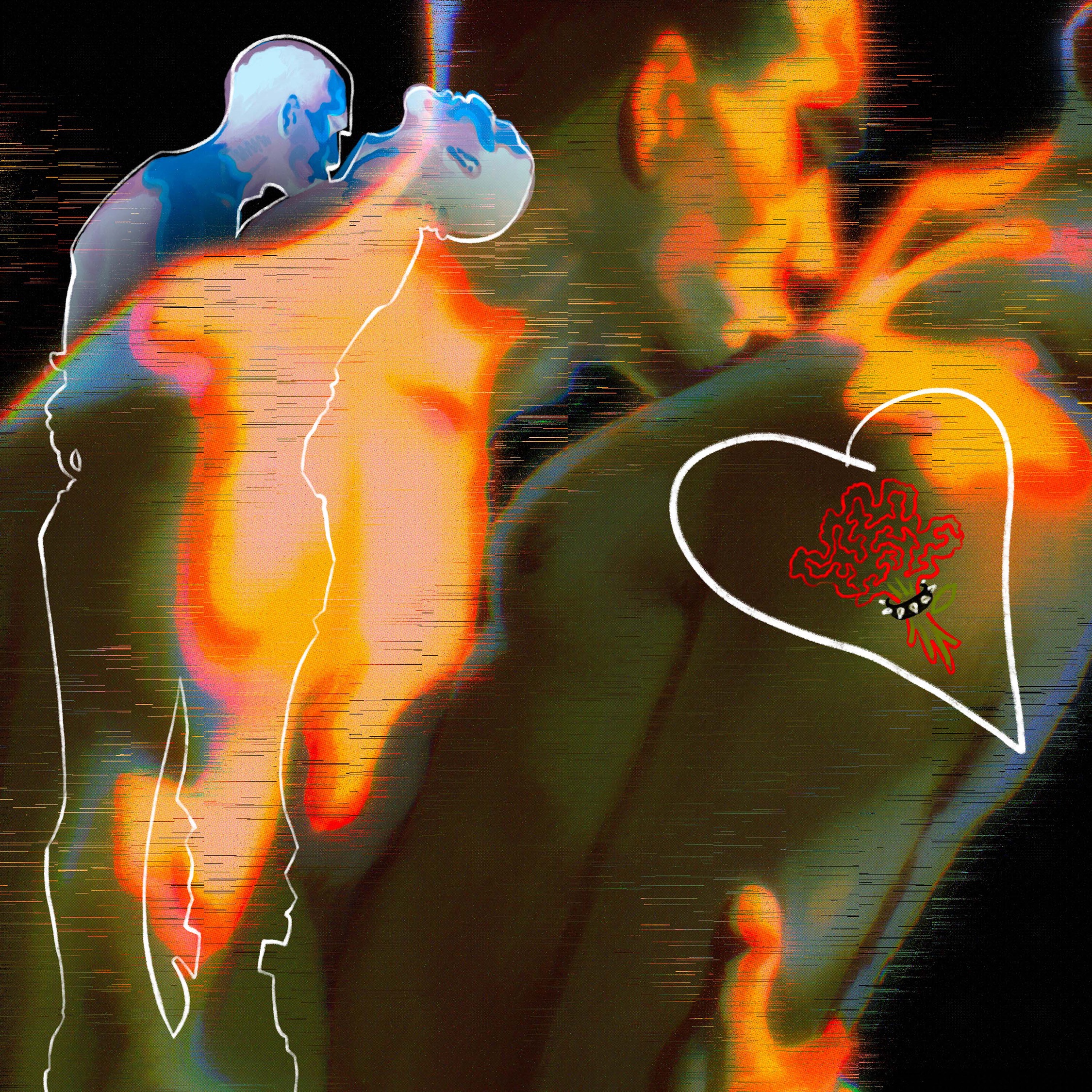 Two Black men embrace, one kissing the other's collarbone. Text reads, "niggas in love. pervert the language."