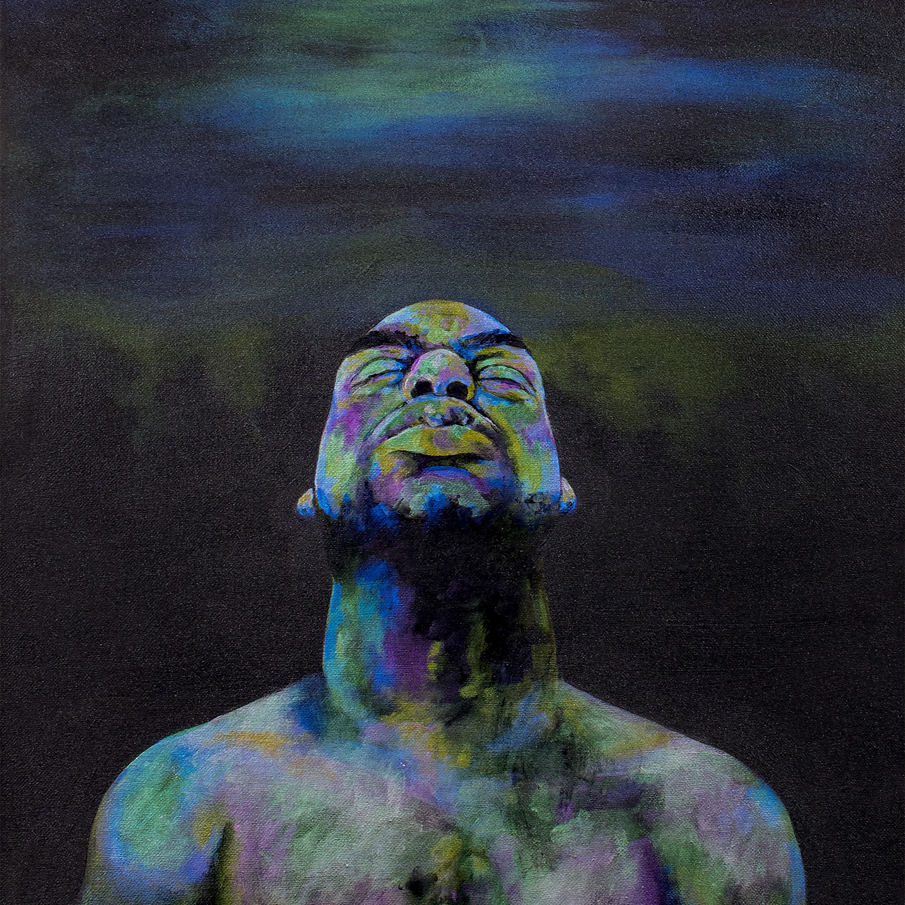 Metallic Portrait depicting man looking up to the Most High with open arms.