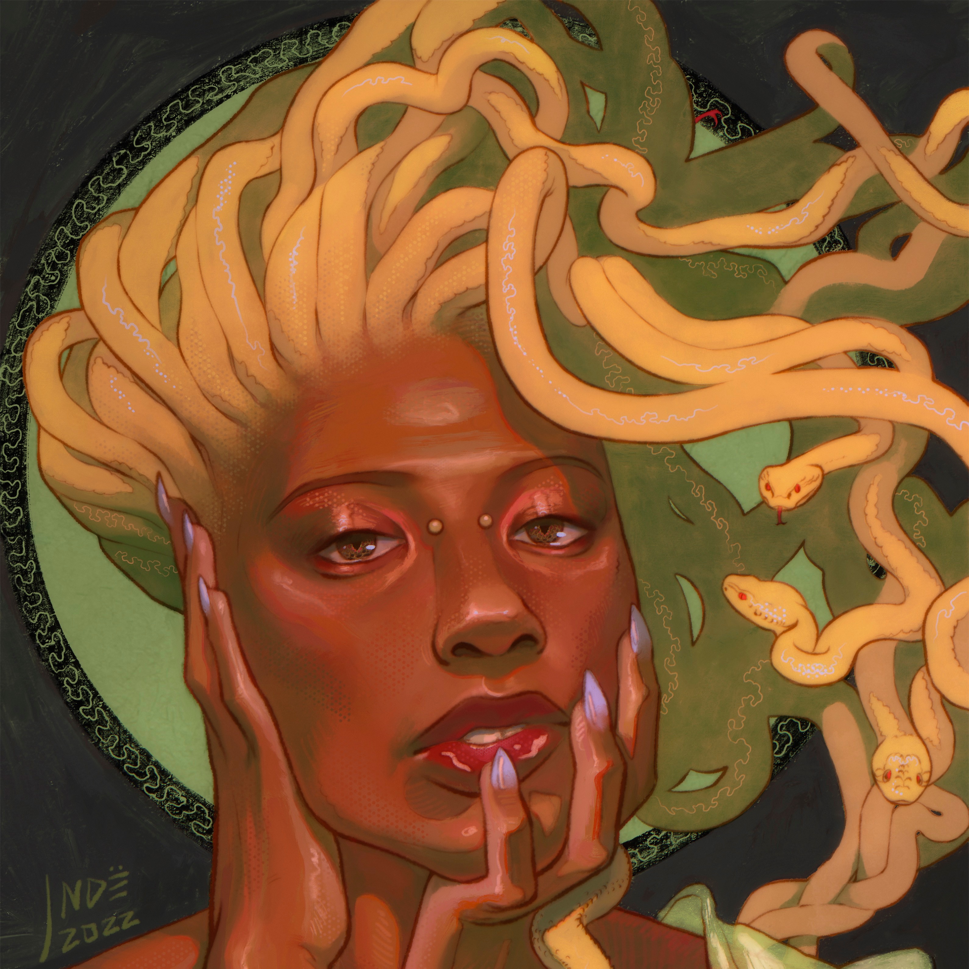A glamorous portrait of Medusa, the Grecian snake-haired mythological figure. One of her snakes bites into her wrist.