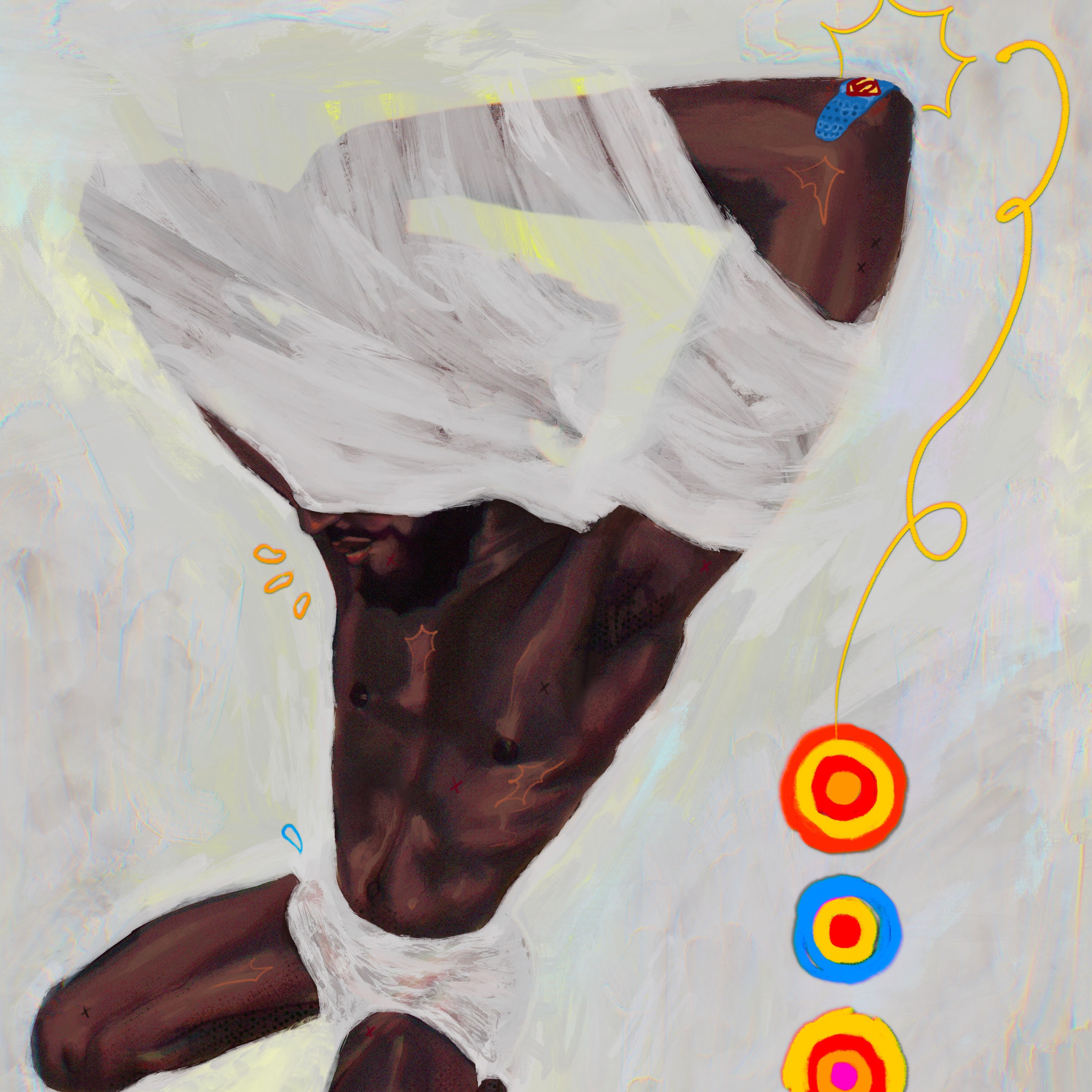 A Black, masculine figure is isolated in a painterly white space, removing his shirt. A bandaid on his elbow bears the Superman Logo.