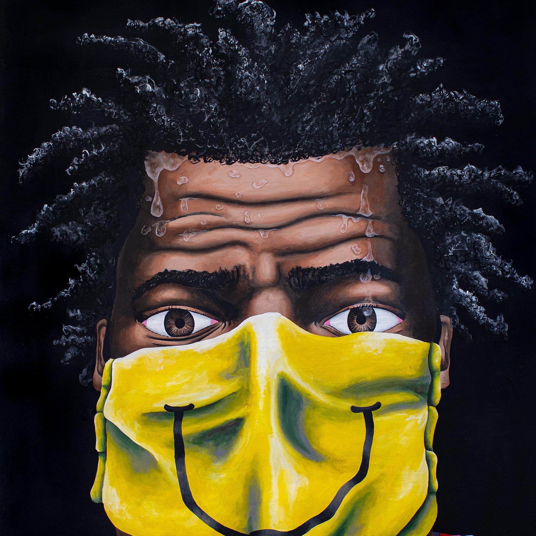 Portrait of a man under stress wearing a mask with a smiley face on it.