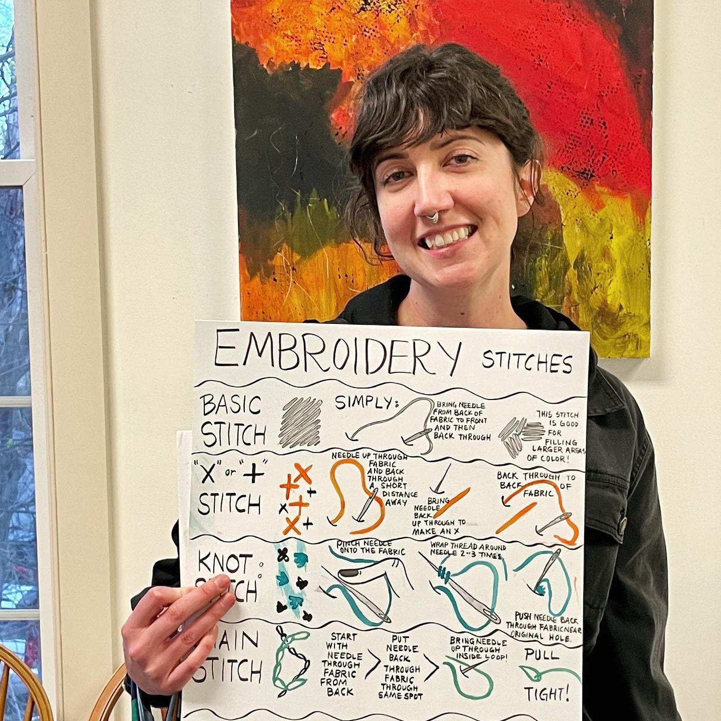 Cassie Brazeau, an AIR Teaching Artist with brunette hair and a warm smile, proudly displays a informative poster she designed to impart embroidery techniques!