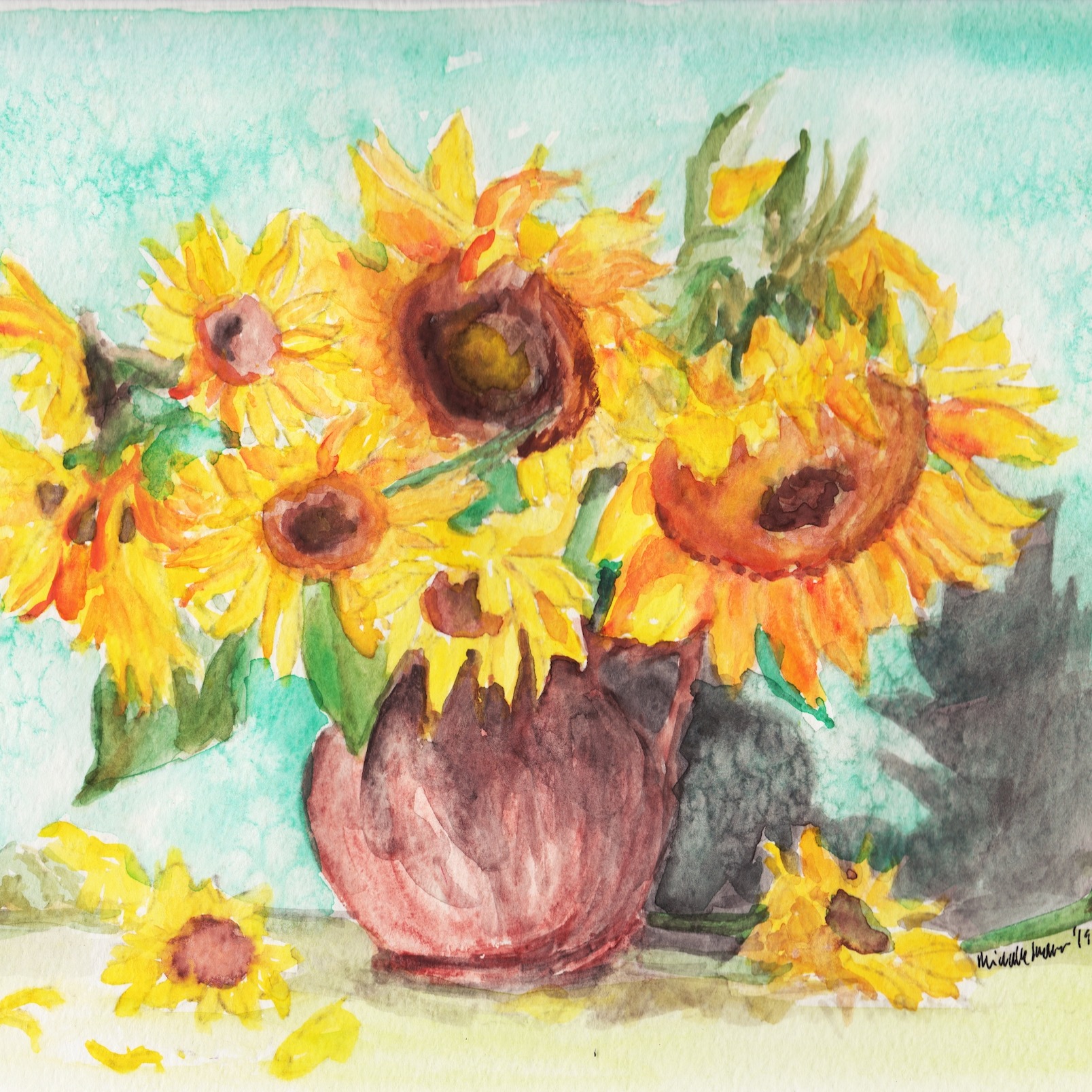 watercolor of yellow sunflowers in a brown pot with a green background