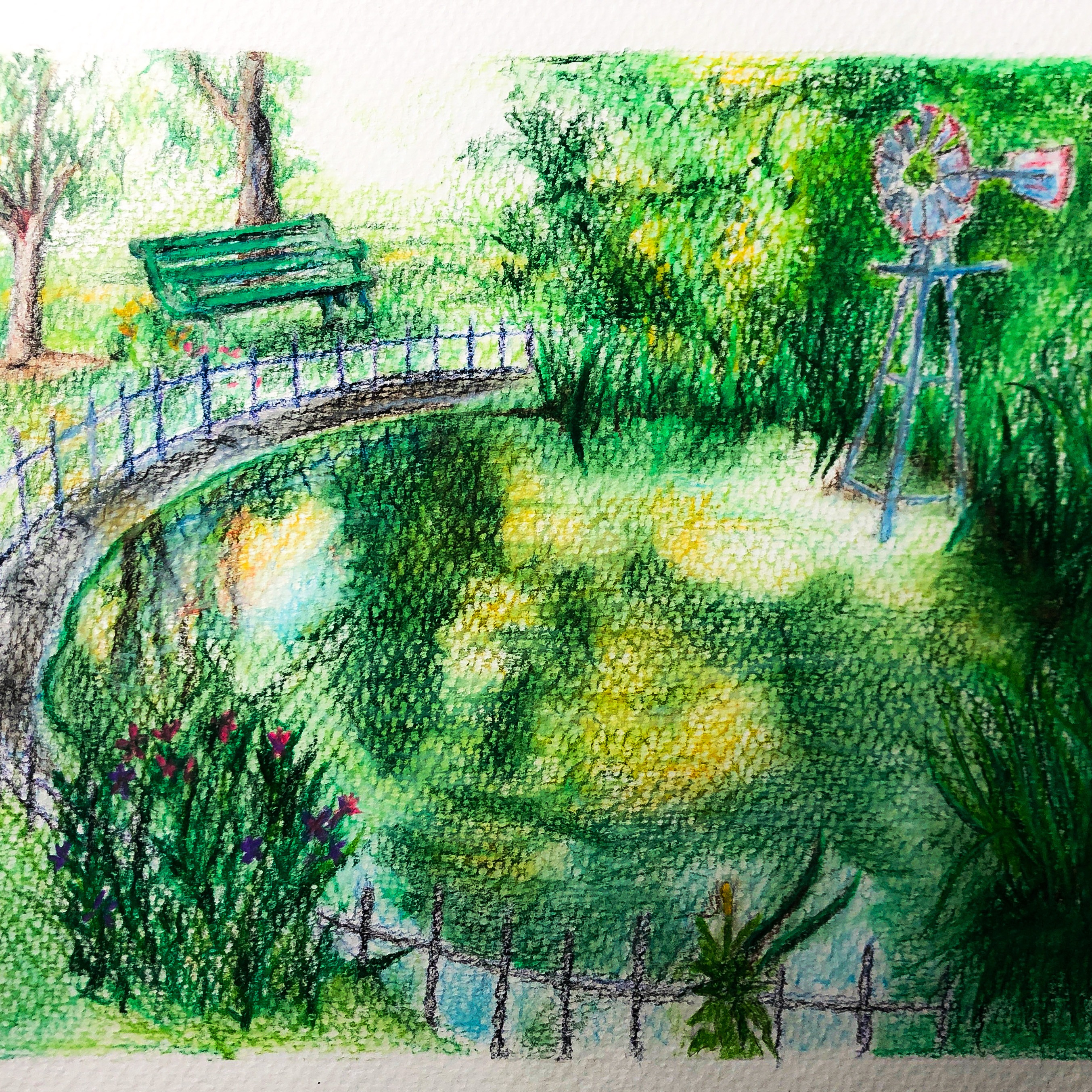 Colored pencil piece of a reflective pond.