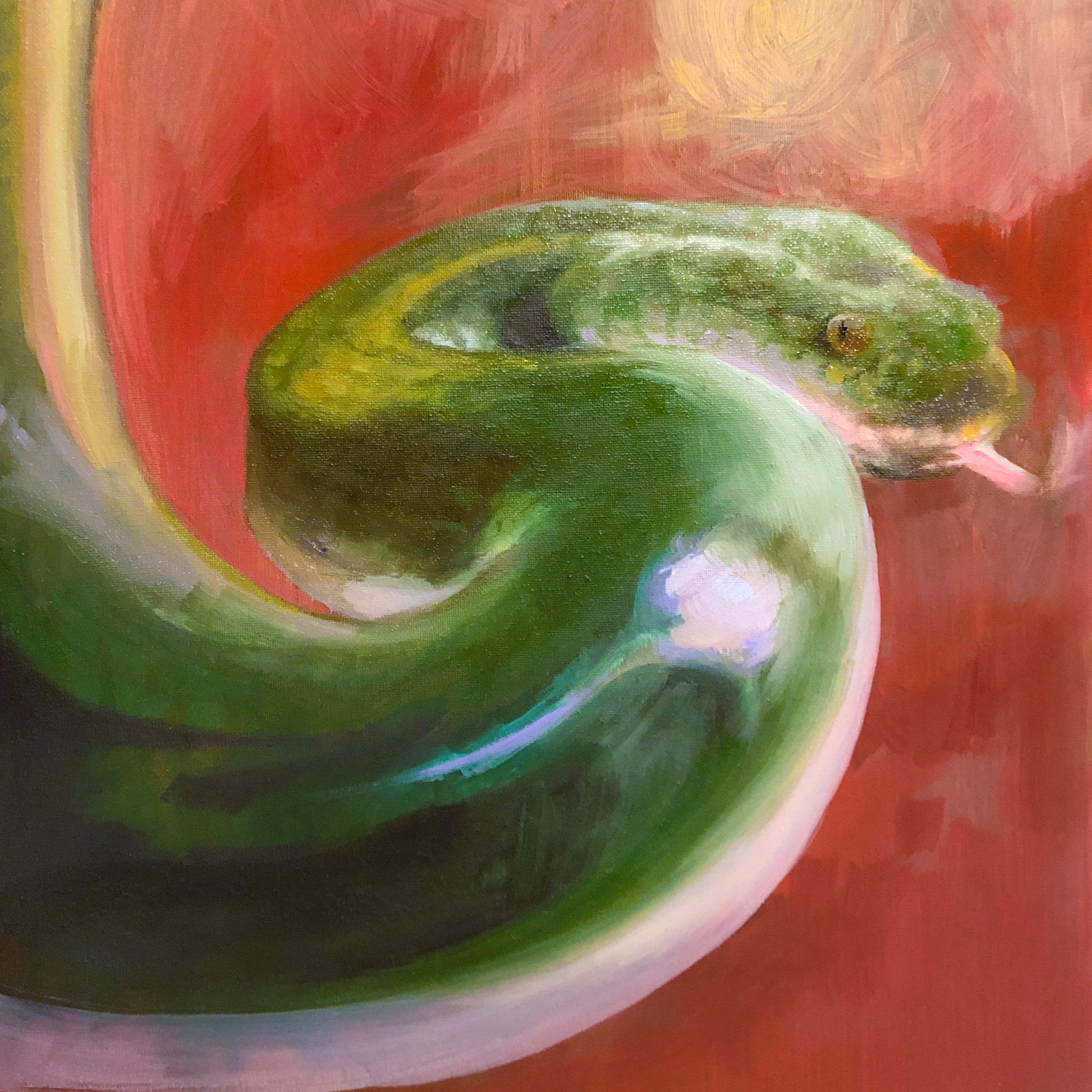 Oil painting of vibrant emerald snake on red background.