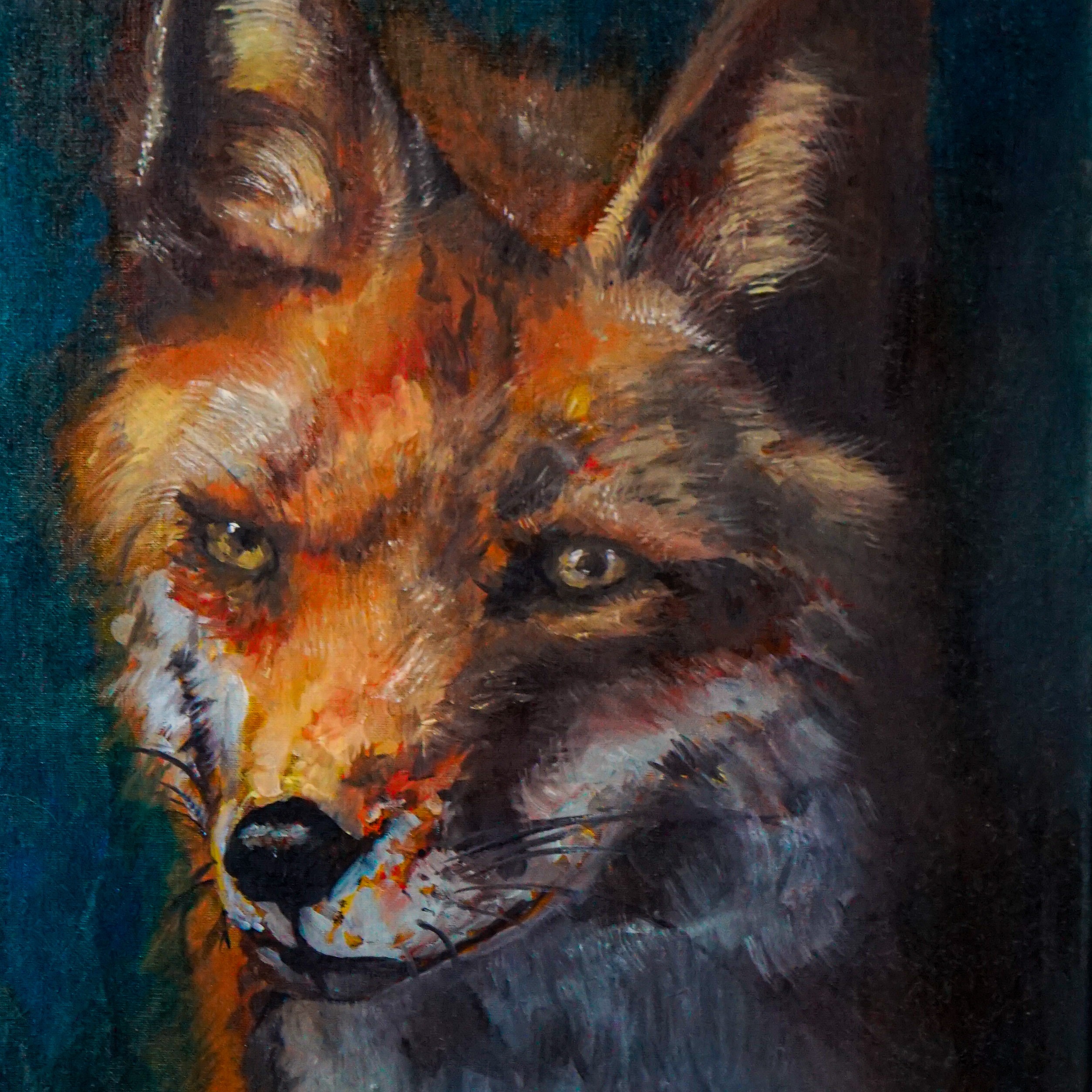 Oil painting of a vibrant red and orange fox on a blue background.