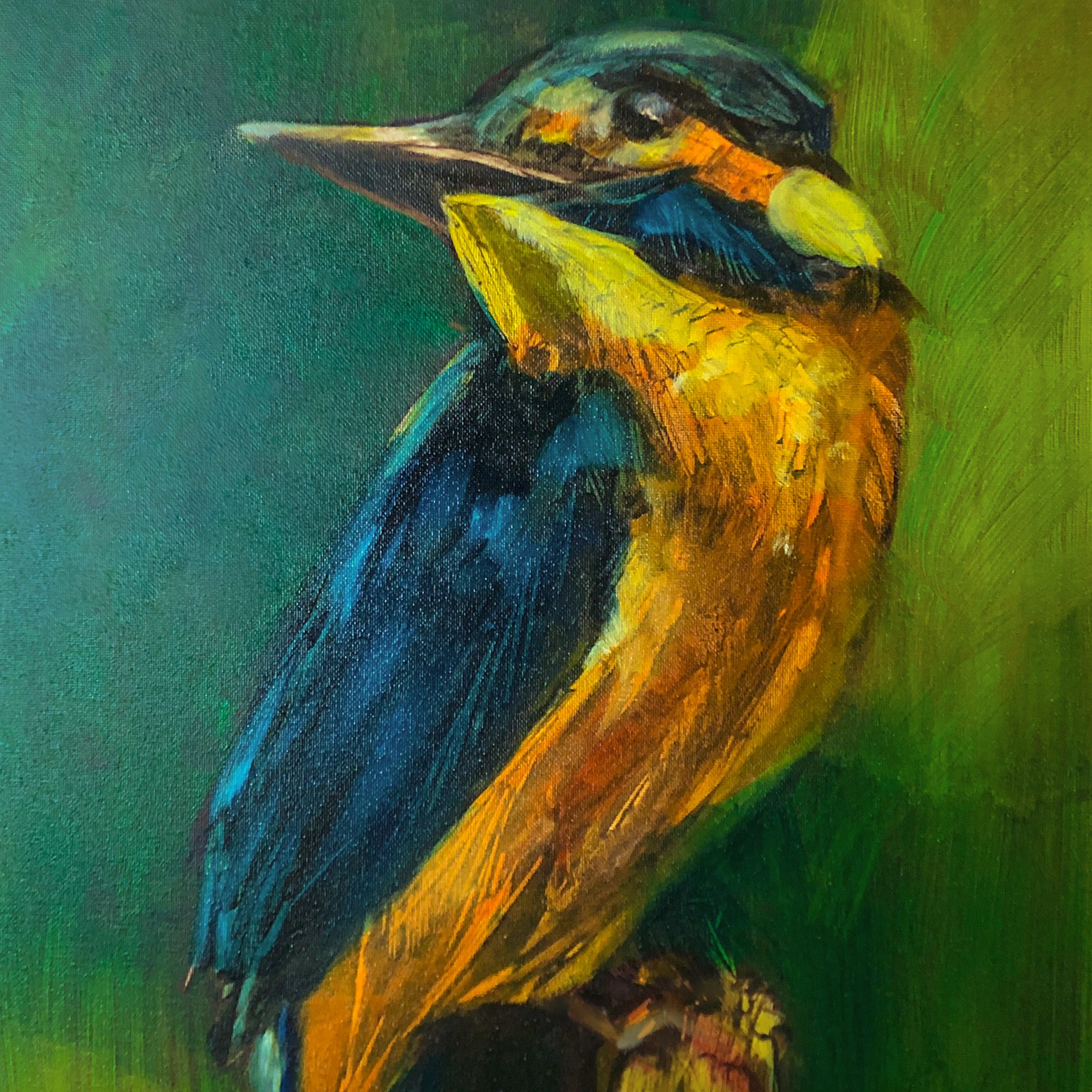 Oil painting of a vibrant orange and blue bird on a green background.