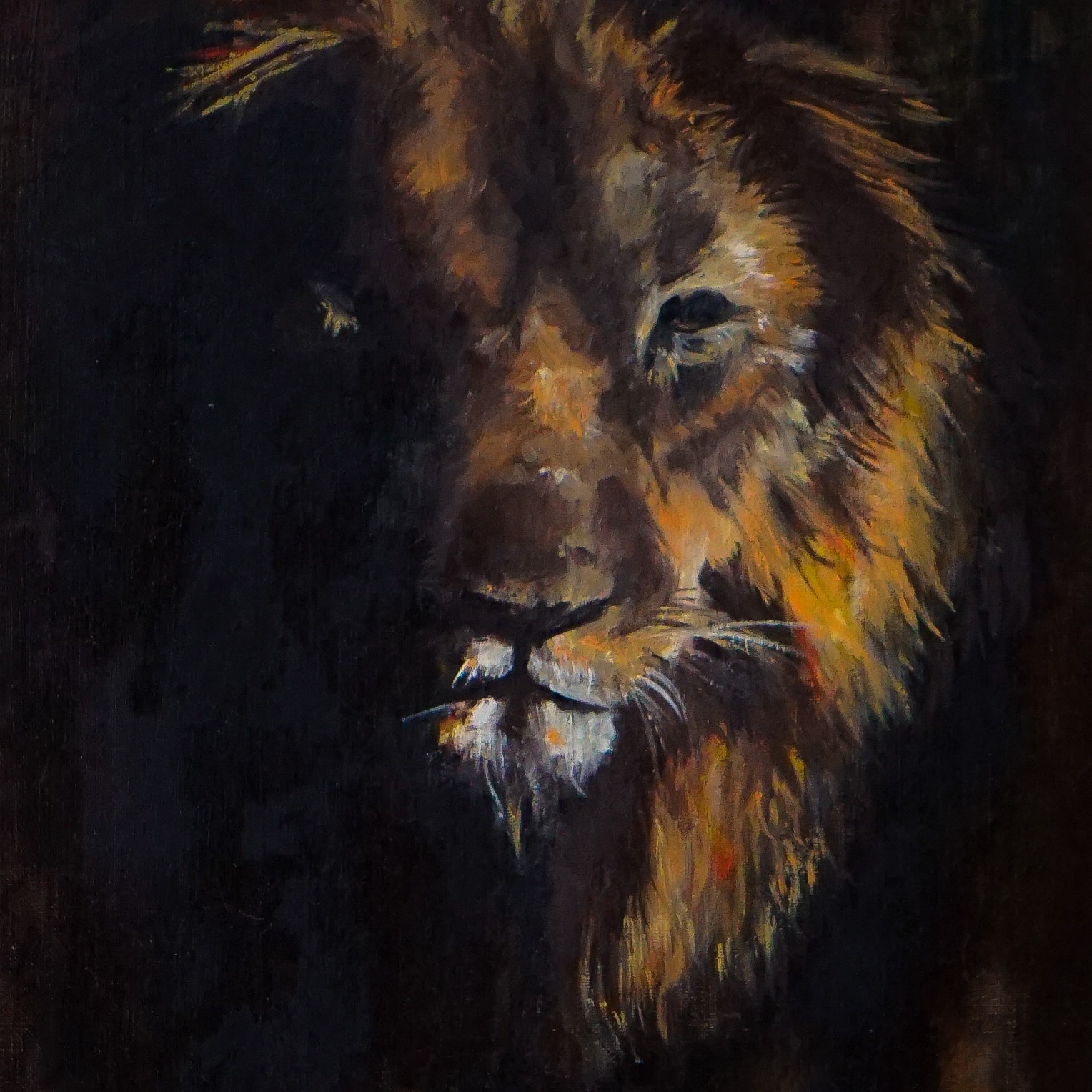 Oil painting of a dark and mysterious lion on a dark brown background.