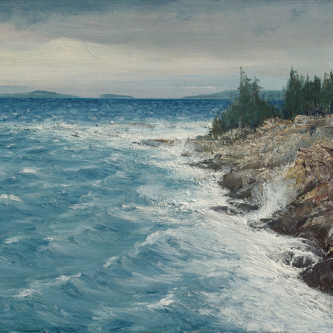 Acadian Shore I, oil on wood, a realistic view of the ocean and rocks done at Acadia National park, by George Middleton