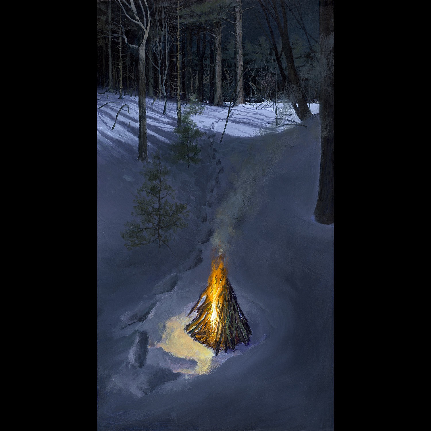Campfire, acrylic on canvas, a realistic night winter camping scene including a campfire  by George Middleton