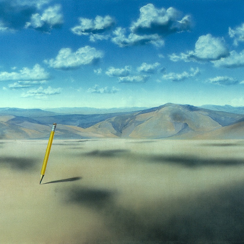 Pencil, a 7 ft x 15 ft realistic painted backdrop for an advertising photographic project, depicting a realistic sky, clouds, and desert mountains, by George Middleton.