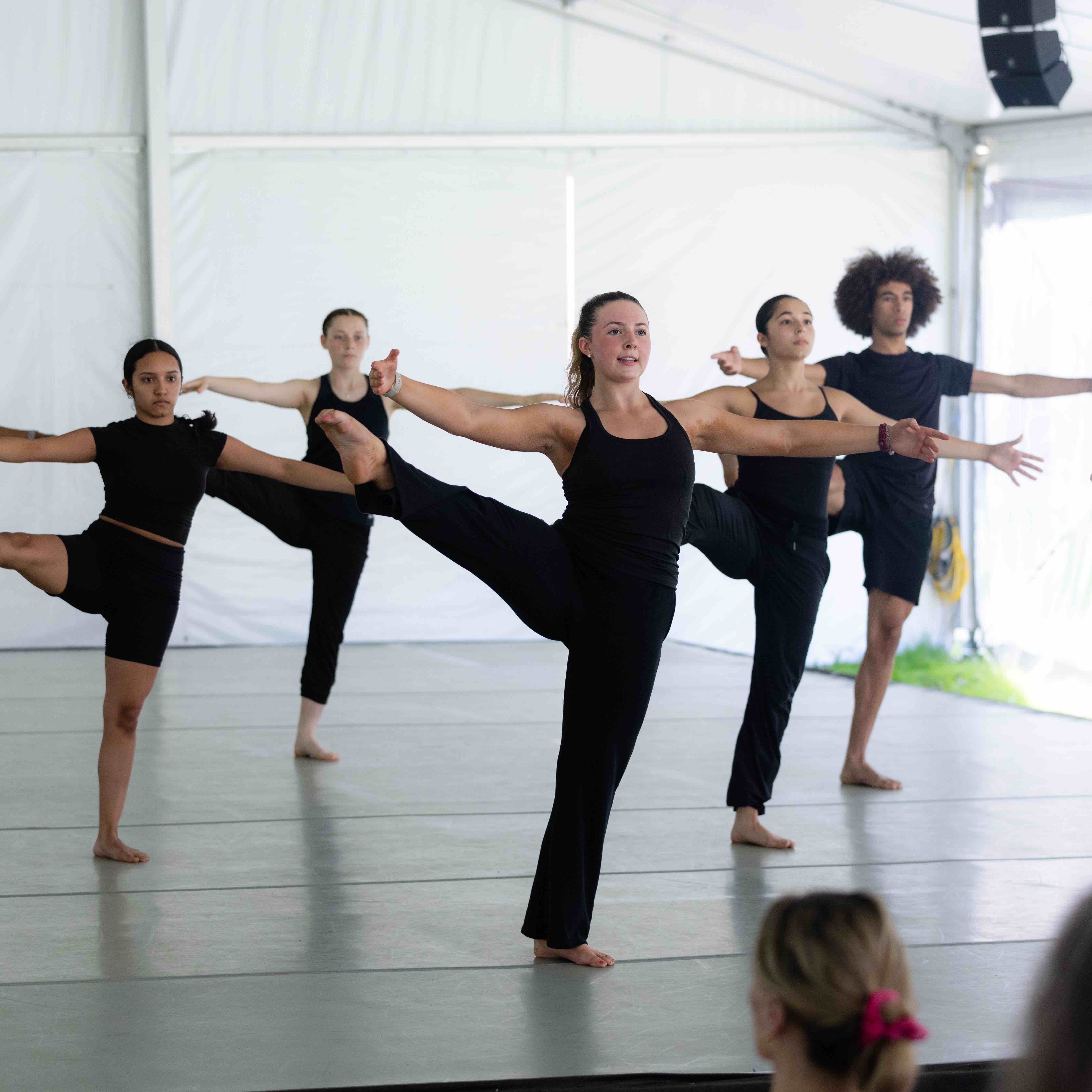 A group of dancers perform on a stage as they all lift one leg to the side and stretch their arms outwards.