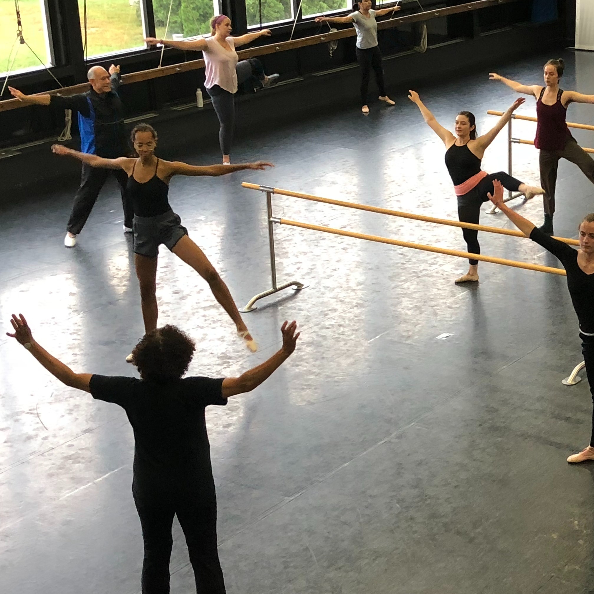 The teacher of the master class stands with her back to the camera with her arms outstretched.  In front of her are students standing at ballet bars with their arms out stretched and their left legs raised.  