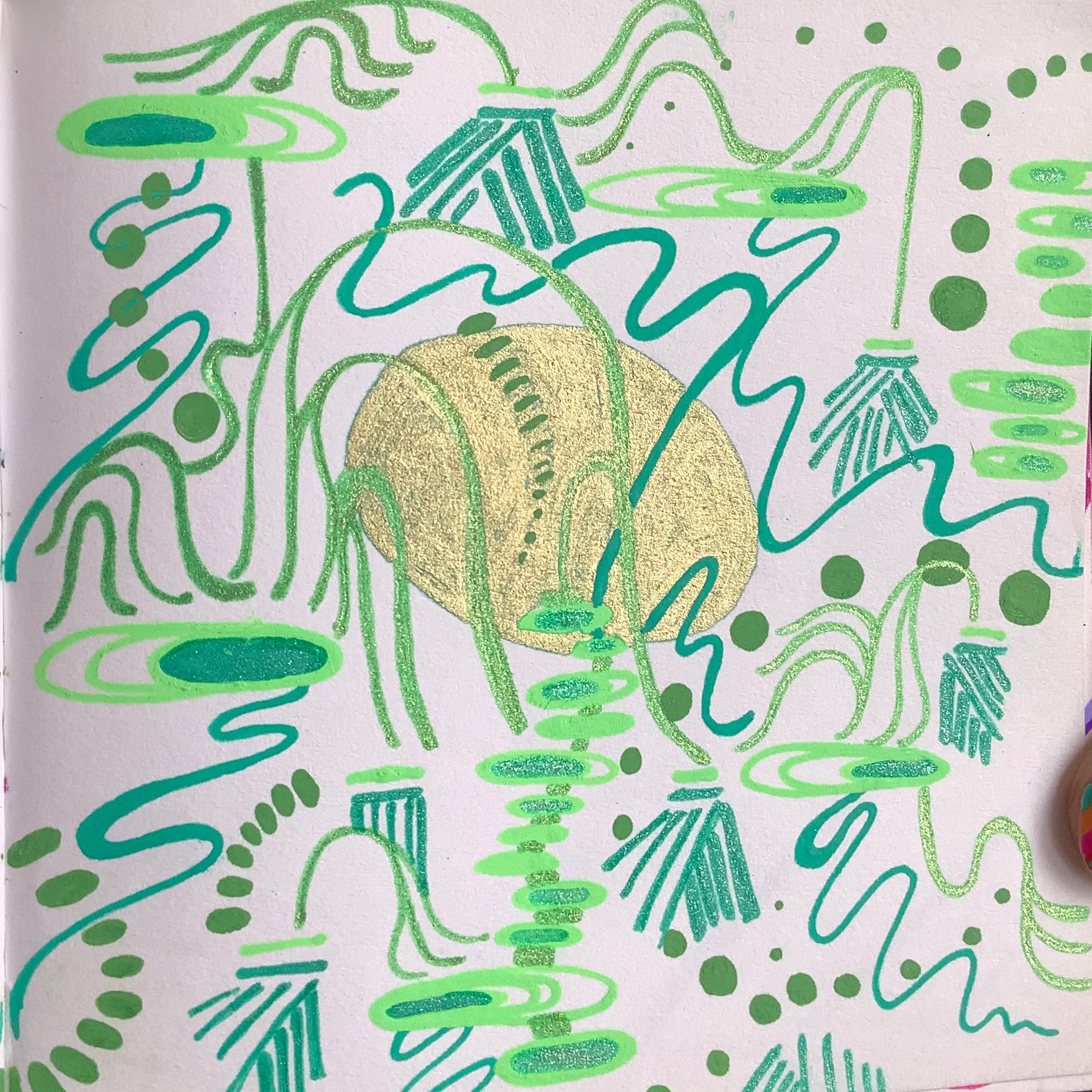 Shades of green squiggles, lines, dots and lines surrounding and overlapping a golden egg shaped circle in the middle