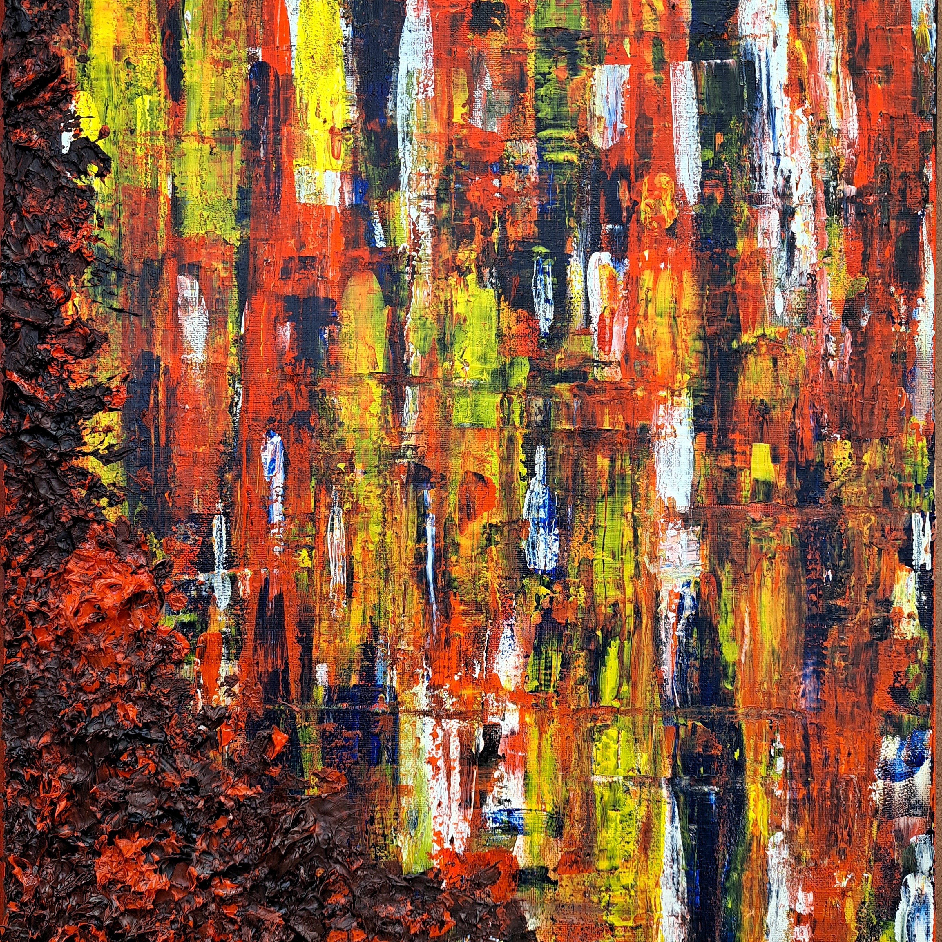 multicolor textural painting, overrun in bottom left corner by a fleshy mass