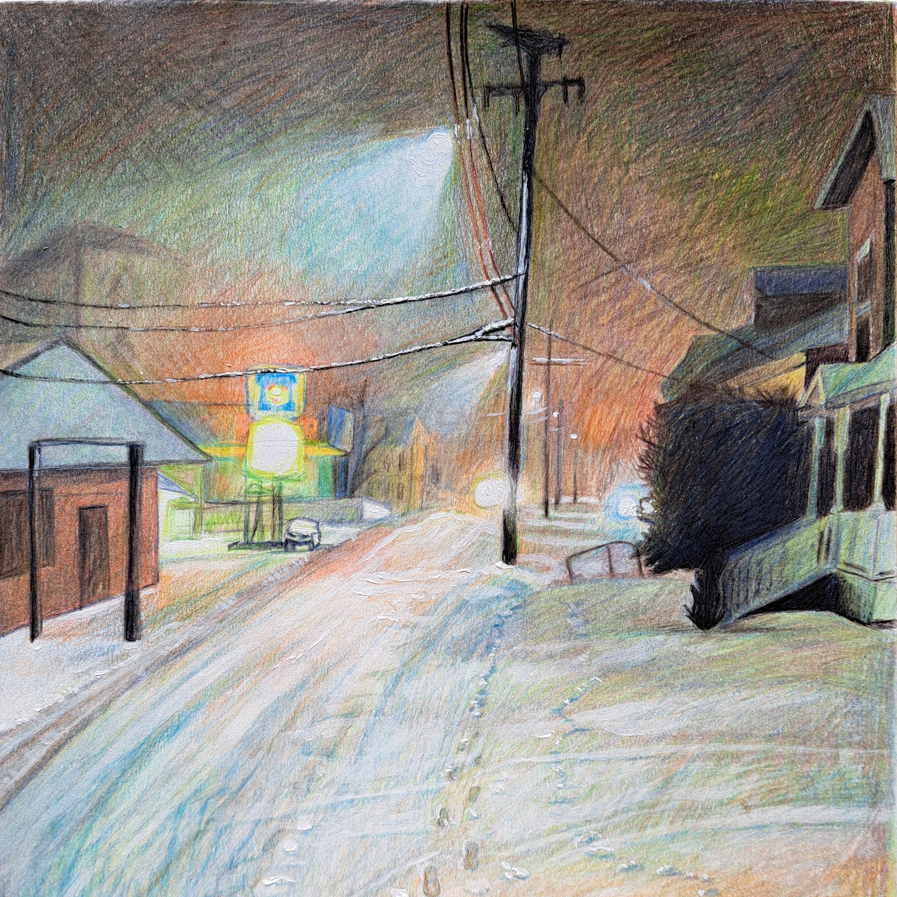 drawing of Ashland Street in North Adams, snowy footprints, the glow of the cumbies