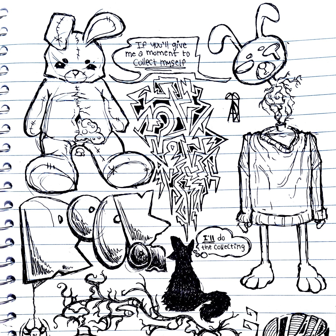drawings of rabbits in distress on notebook paper