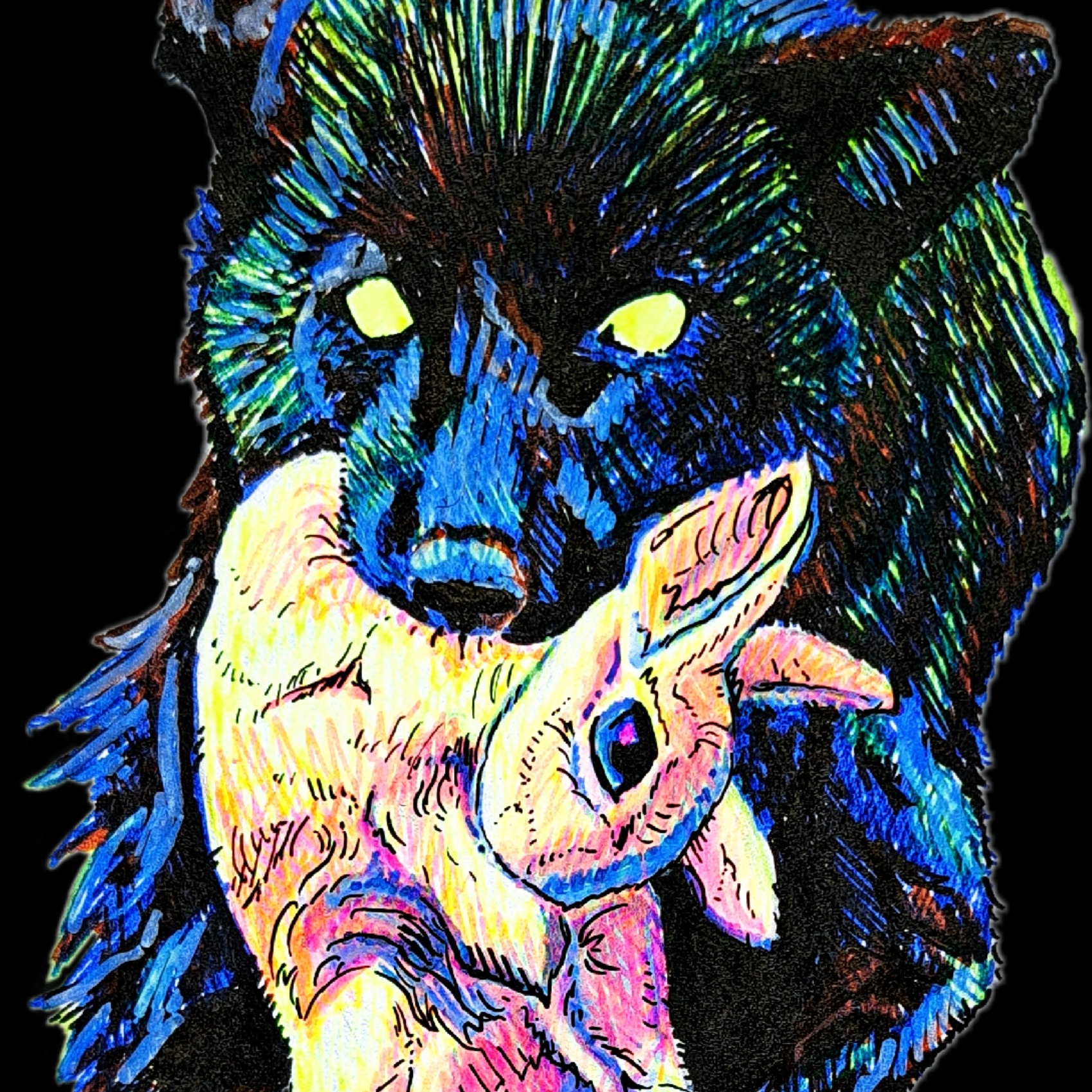 drawing: black fox holding light rabbit in mouth, "lisa frank" rainbow scheme