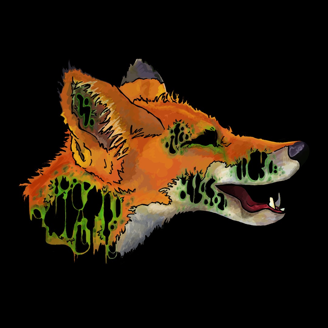 drawing: fox head and neck in profile, riddled with holes melted by a corrosive acid