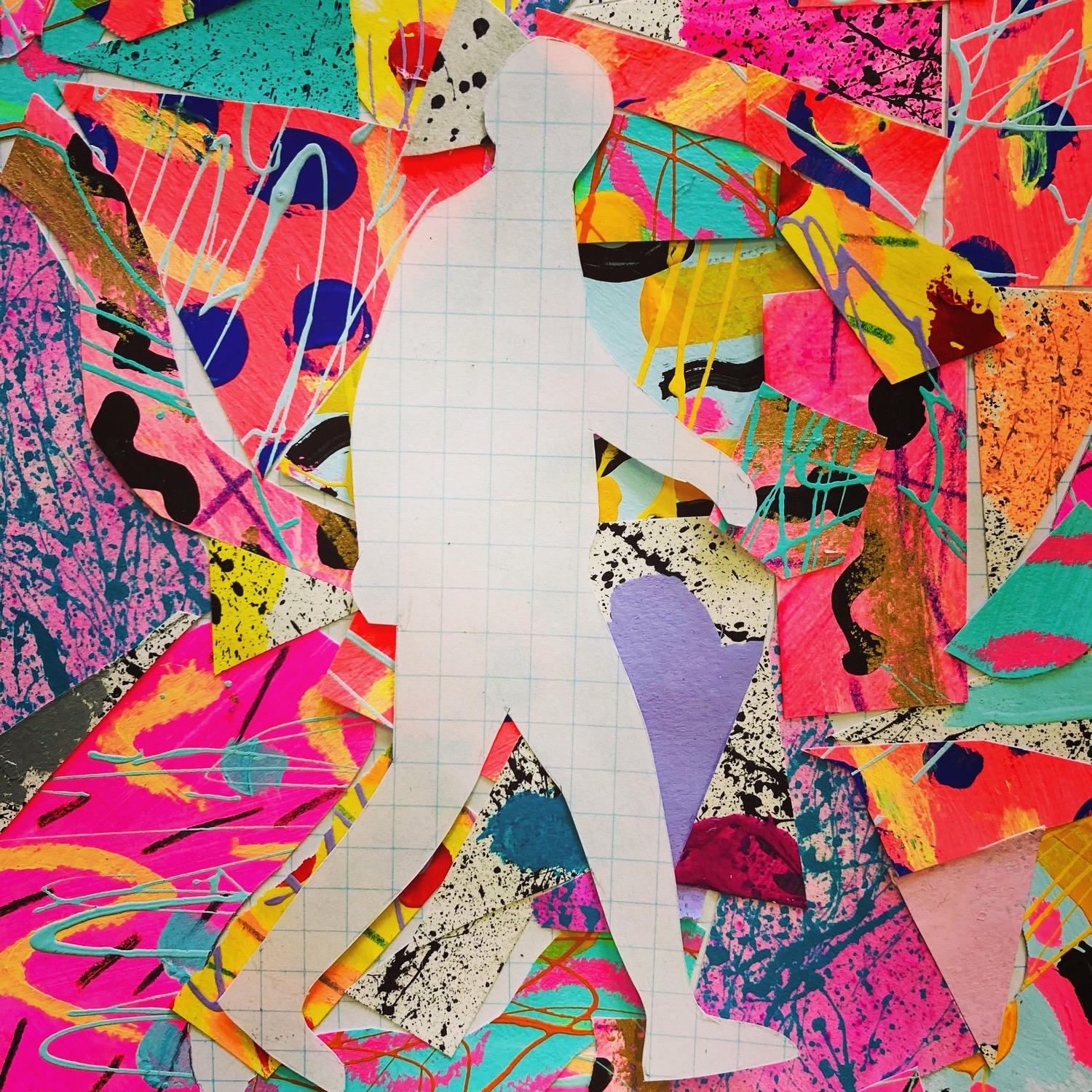 Colorful paper collage with a white cutout of a person walking