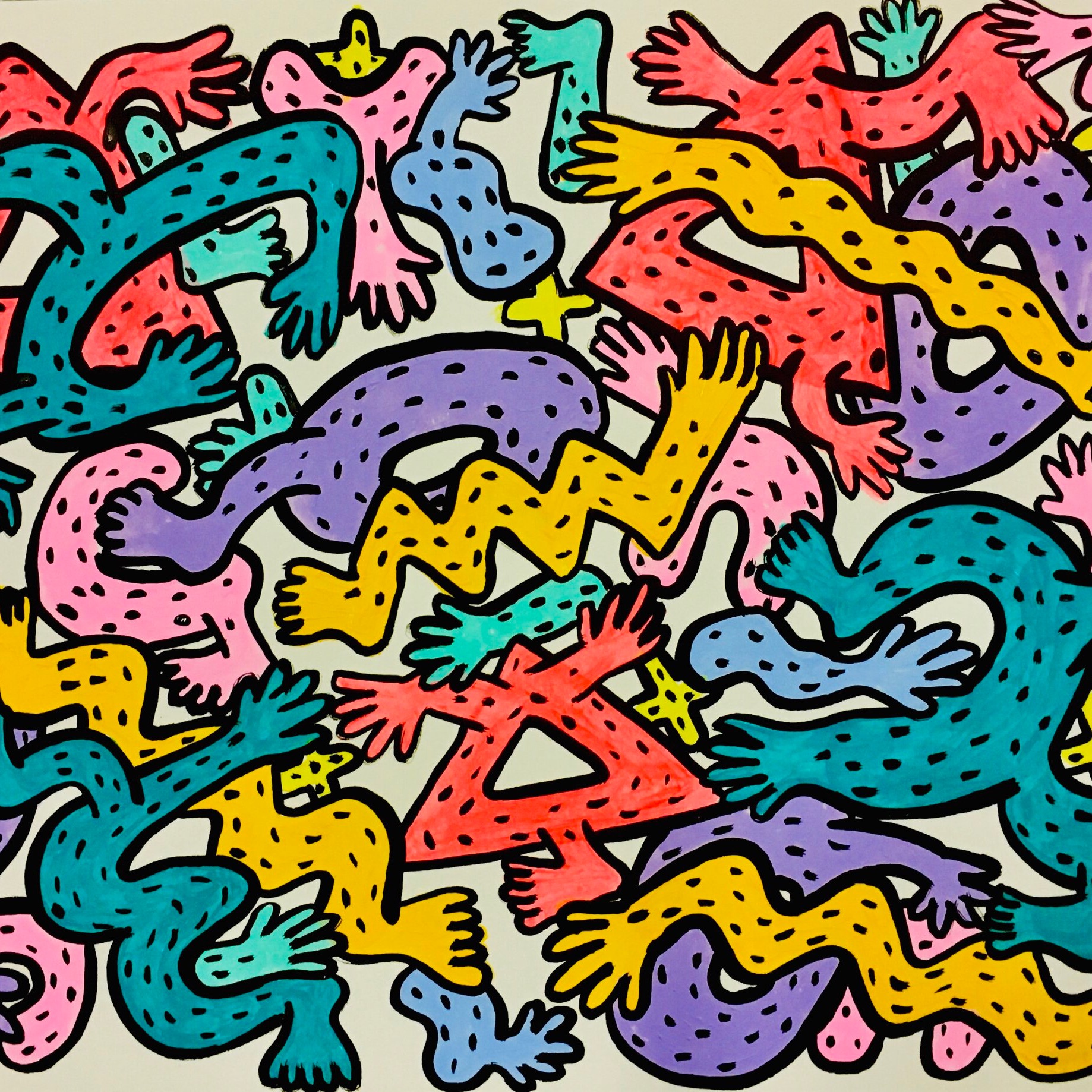 Colorful painted pattern of shapes with arms and legs attached to them
