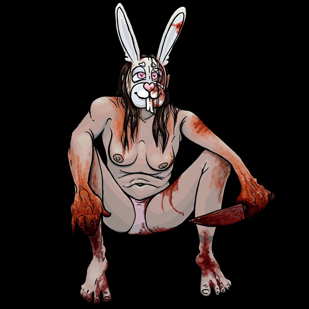 digital drawing: naked woman in bunny mask, drenched in blood, holding knife