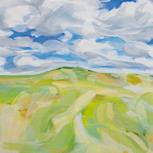 Detail of landscape panting of a hill in yellows, greens and blues.