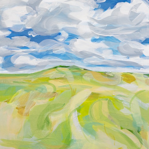Landscape of hillock with yellow, green and blue sky.