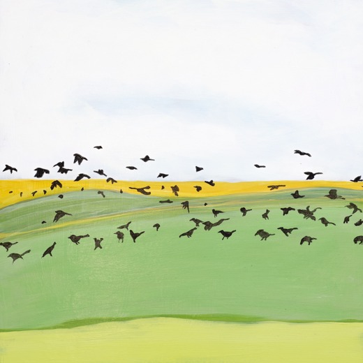 Landscape with a flock of black birds