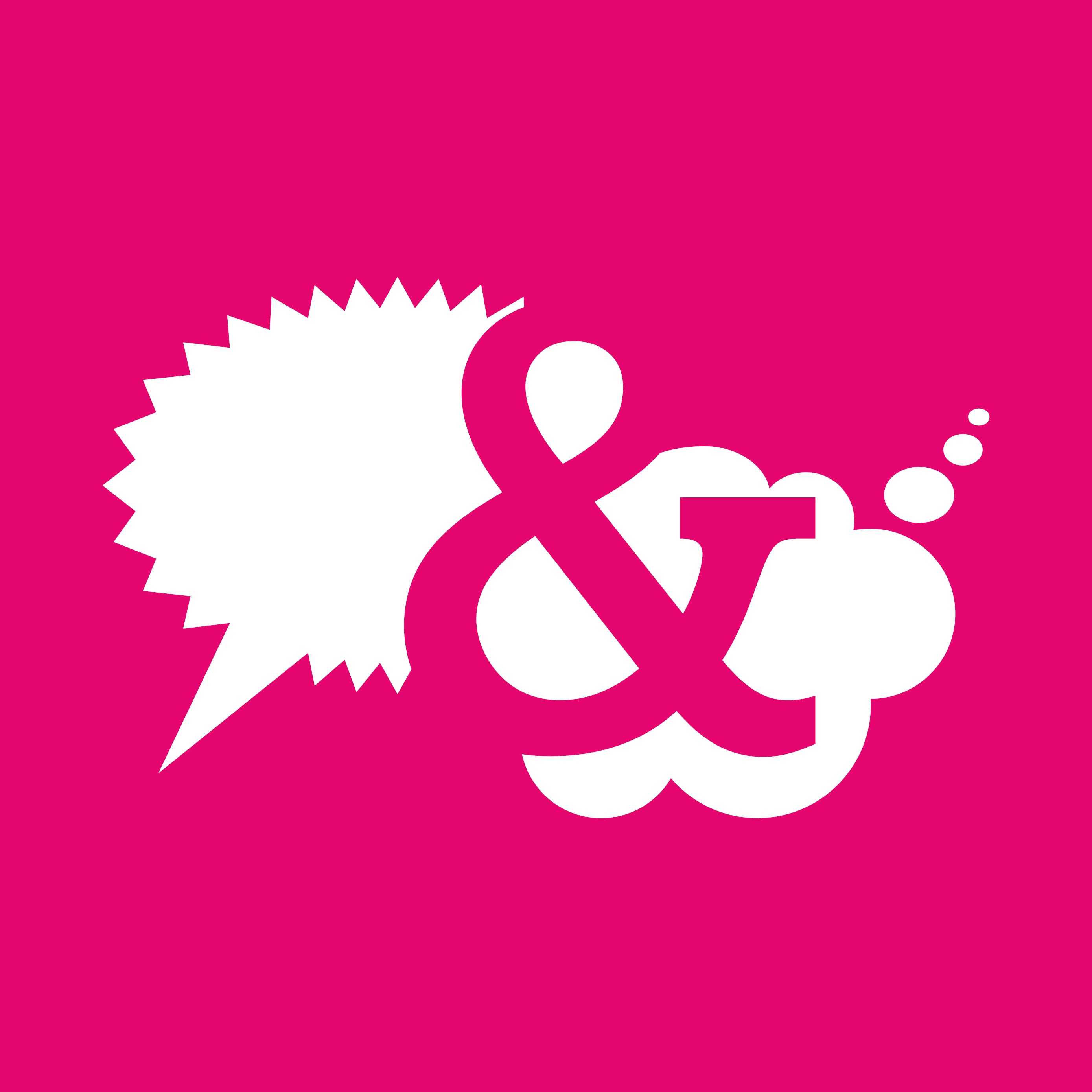 A white ampersand between two speech bubbles on a magenta background