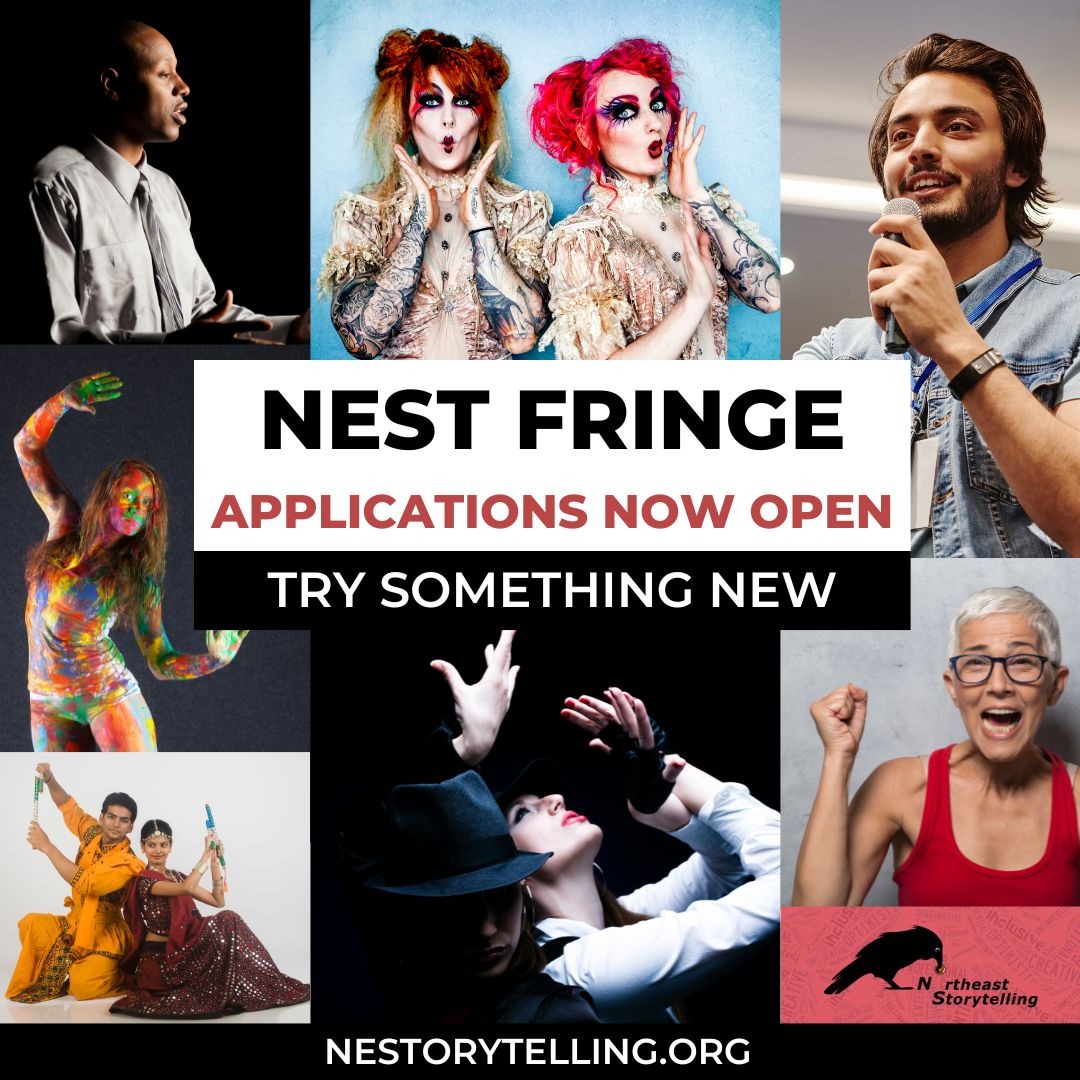 Promotion for NEST Fringe stating "Applications Now Open. Try Something New." Several individuals are pictured with expressive faces, clothing, and body postures. 
