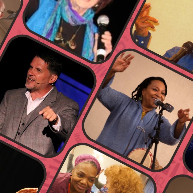 portions of 5 photos of various individuals engaging in storytelling. One African-American woman smiles behind a microphone with hands in the air and a drum at her side. A British man holds out a fist while telling a story.