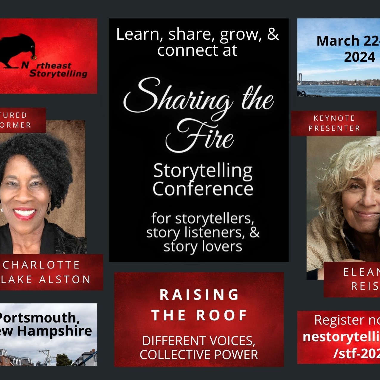 Promotional graphic that reads: Learn, share, grow & connect at Sharing the Fire Storytelling Conference for storytellers, story listeners, and story lovers. Raising the Roof: Different Voices, Collective Power." Includes images of key performers.