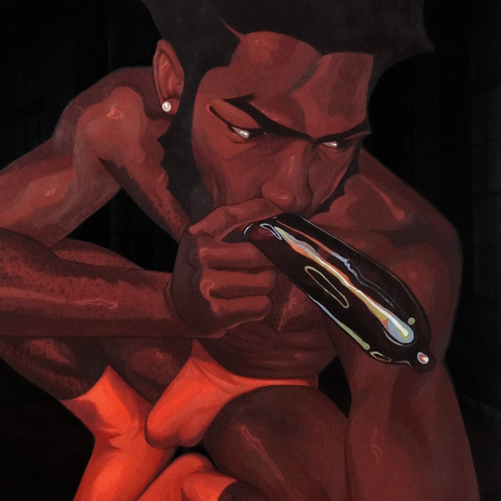 A Black man sits in his underwear and blows up a black condom.