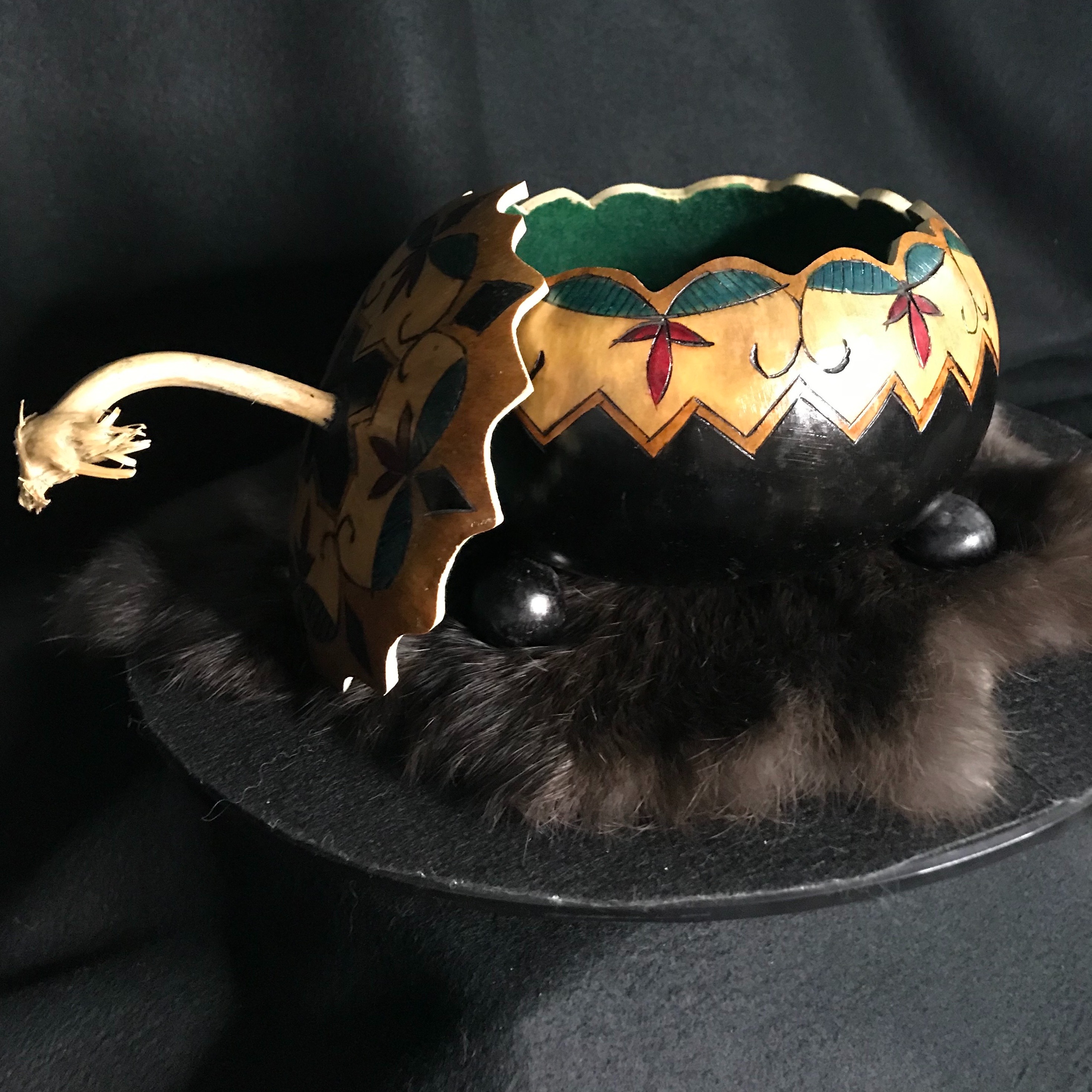 Gourd Box with lid measures approximately six inches in diameter.  It is lined with flux and features inverted double curve design.