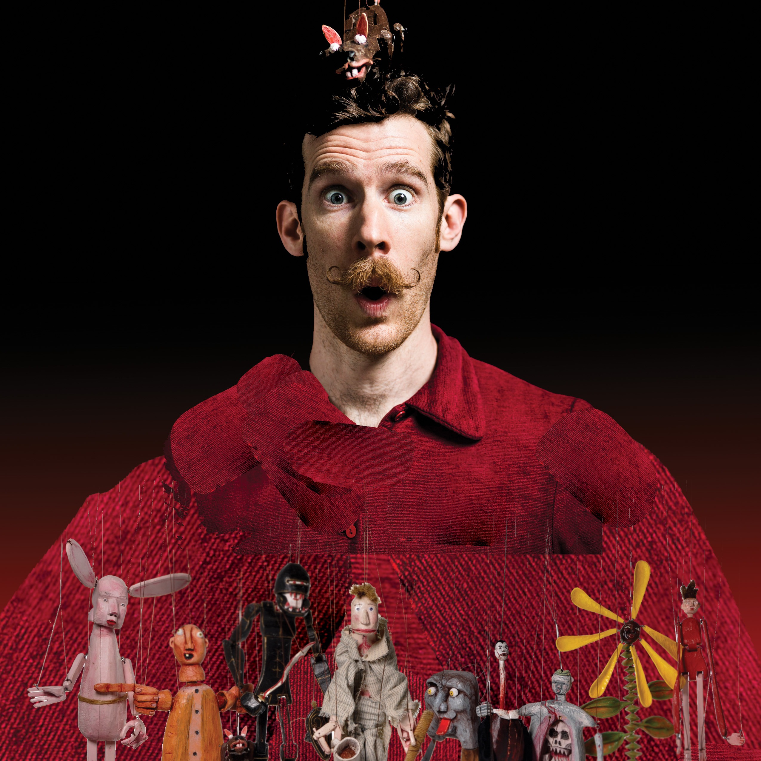 A show poster with Madison J. Cripps in whimsical expression adorned with wooden marionettes