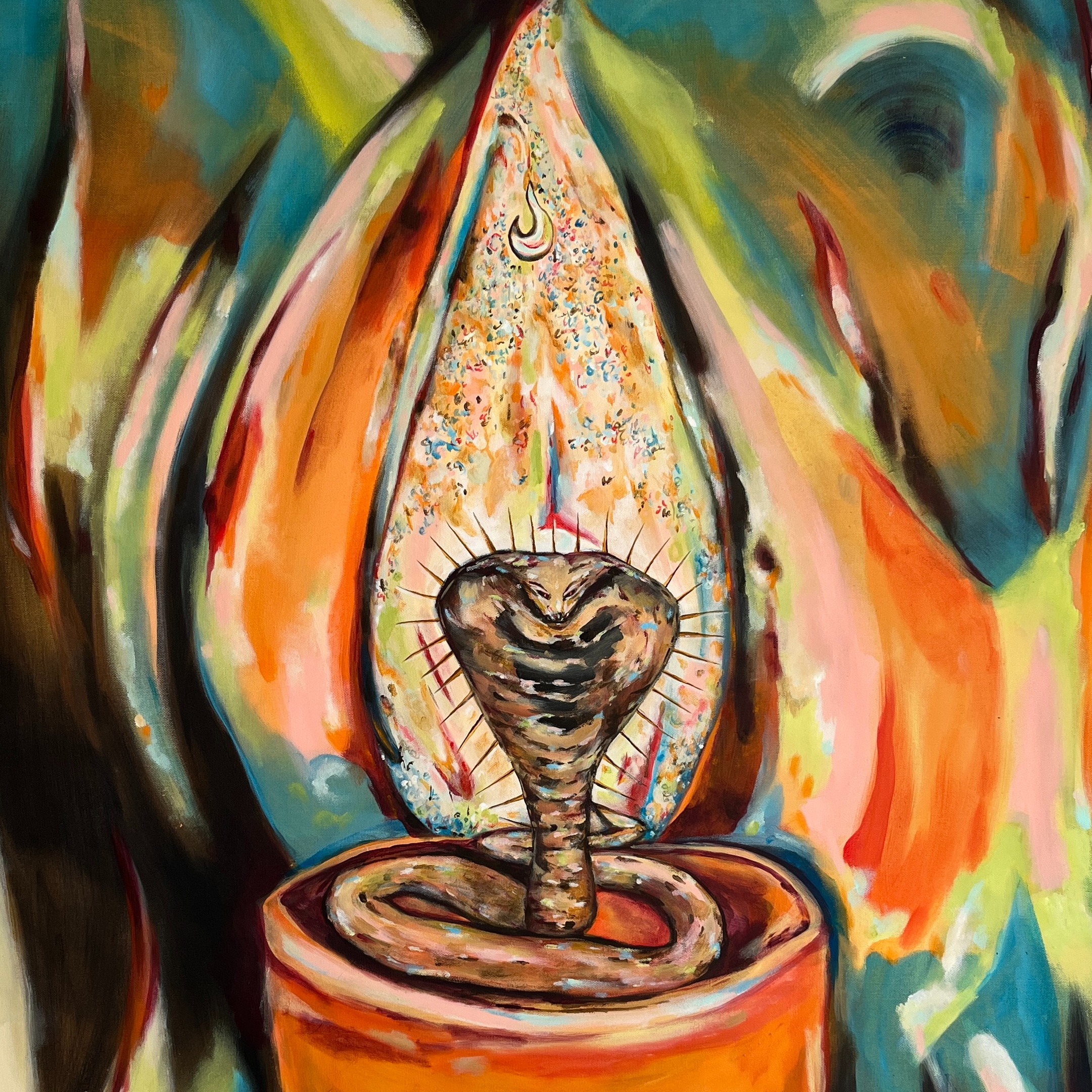 A multicolored flame contains a cobra to depict concentrated focus.
