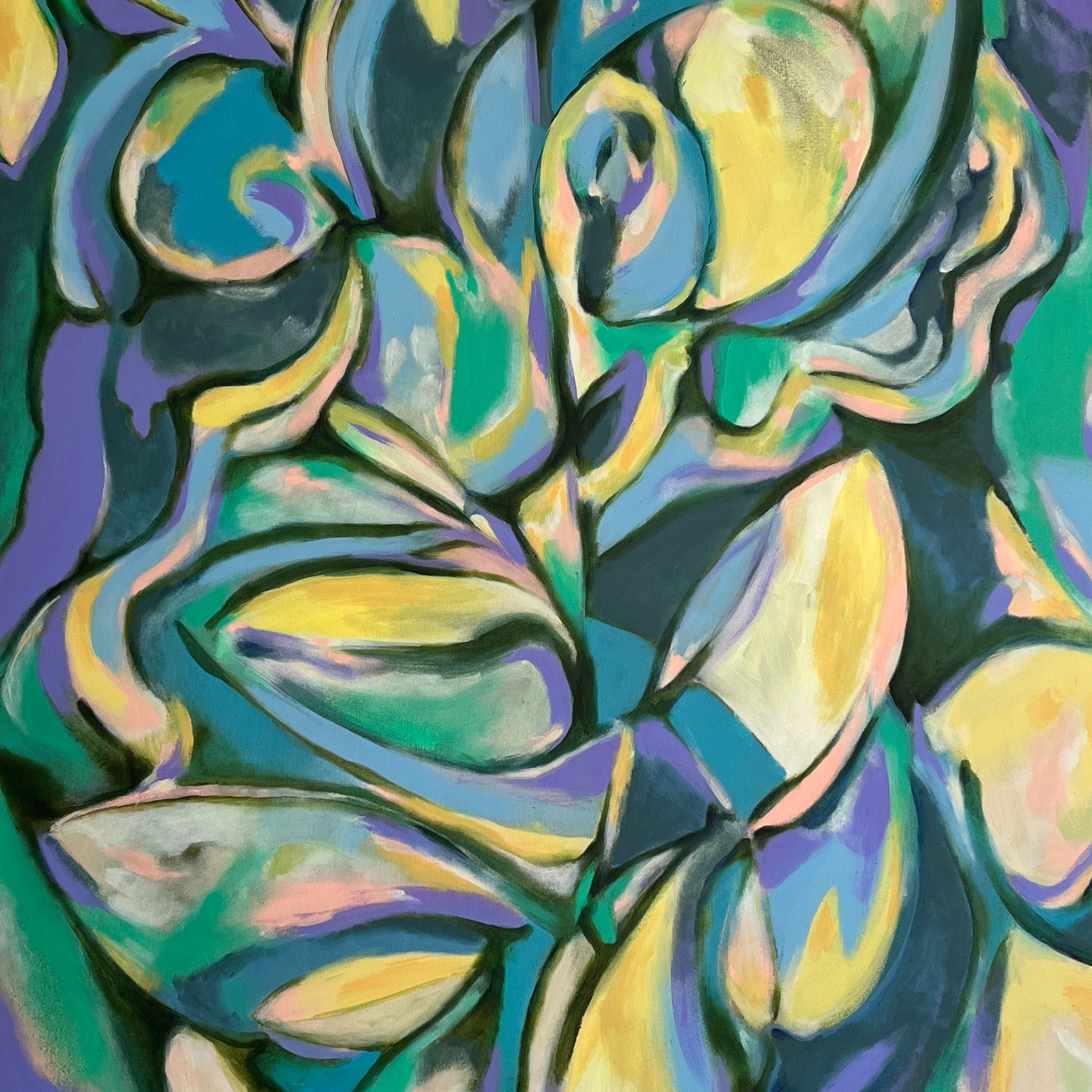 Calming greens and blues depict an abstract flower on a sunny day.