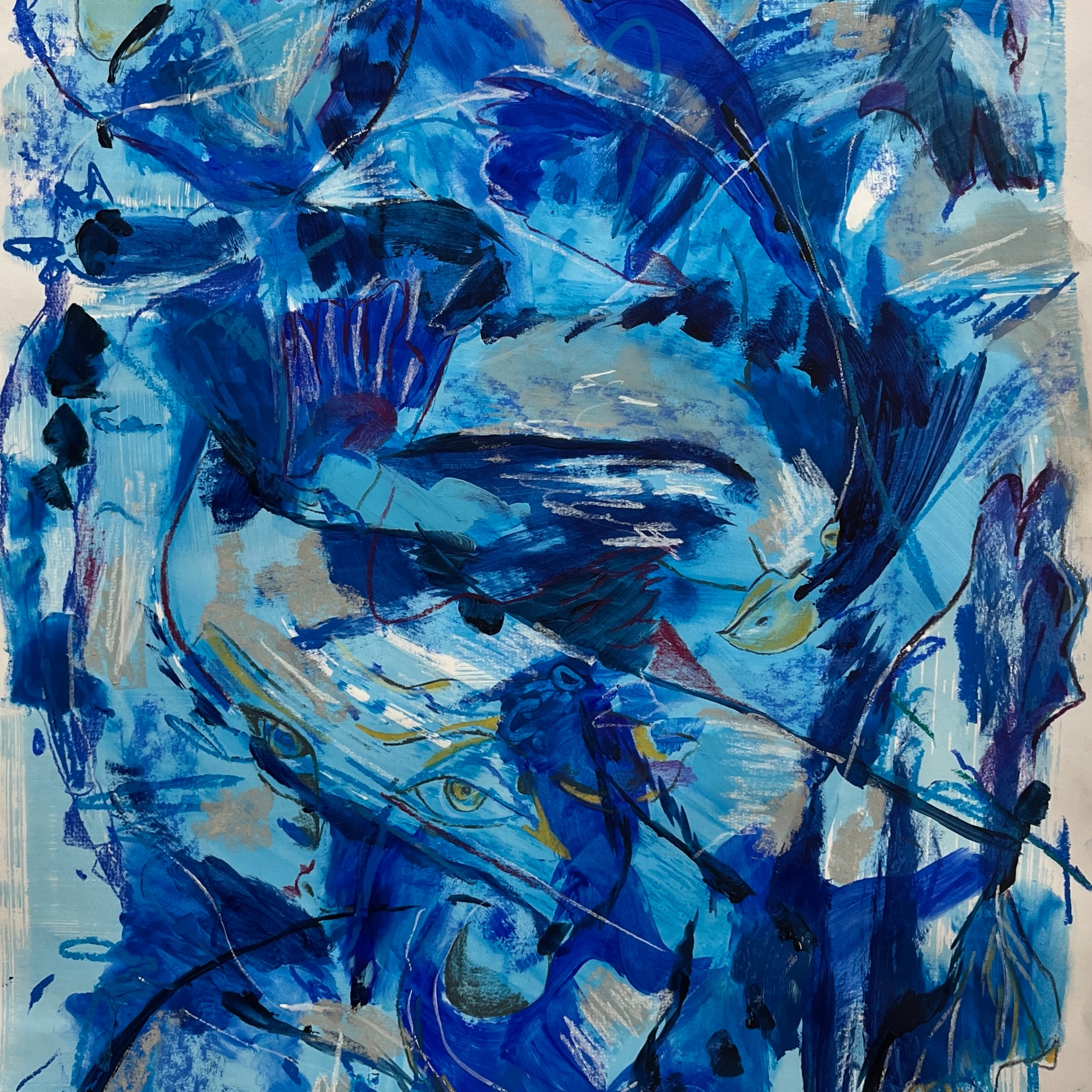 Swirling shades of blue organic shapes suggest eagles, fins, and watching eyes.
