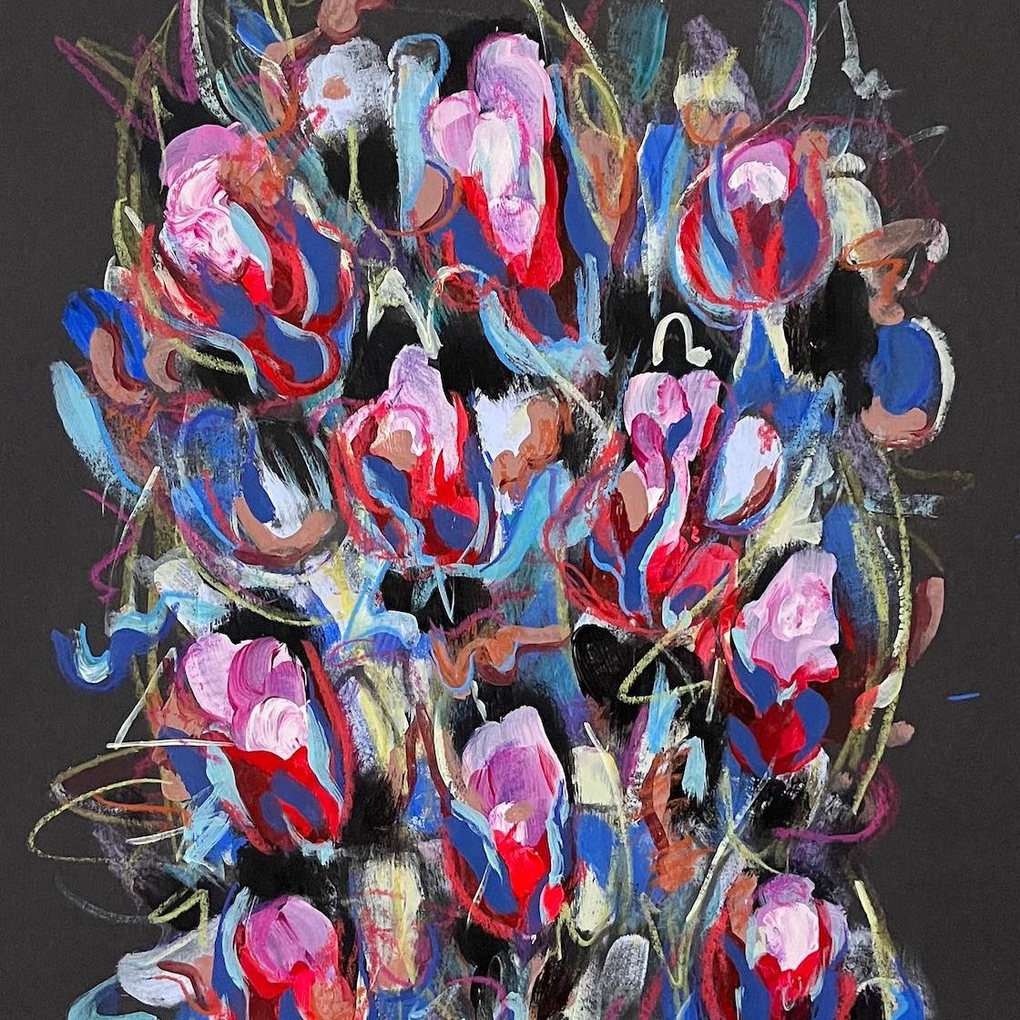 An expressive flurry of lines reveal a bouquet of tulips against a dark background.