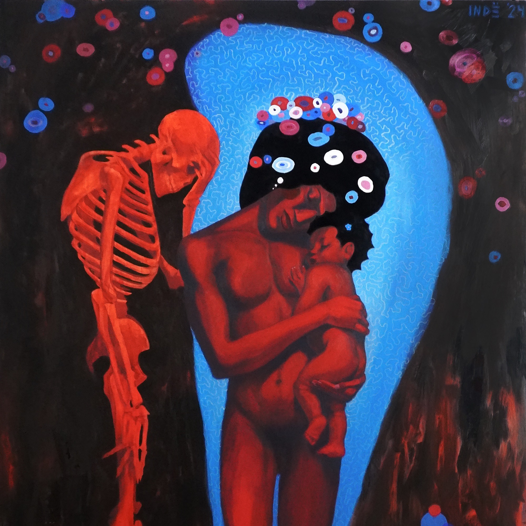 A Black transwoman, wearing only a flower crown, stands and cradles a Black infant. Next to them, a skeleton grieves with its face in its palm. 
