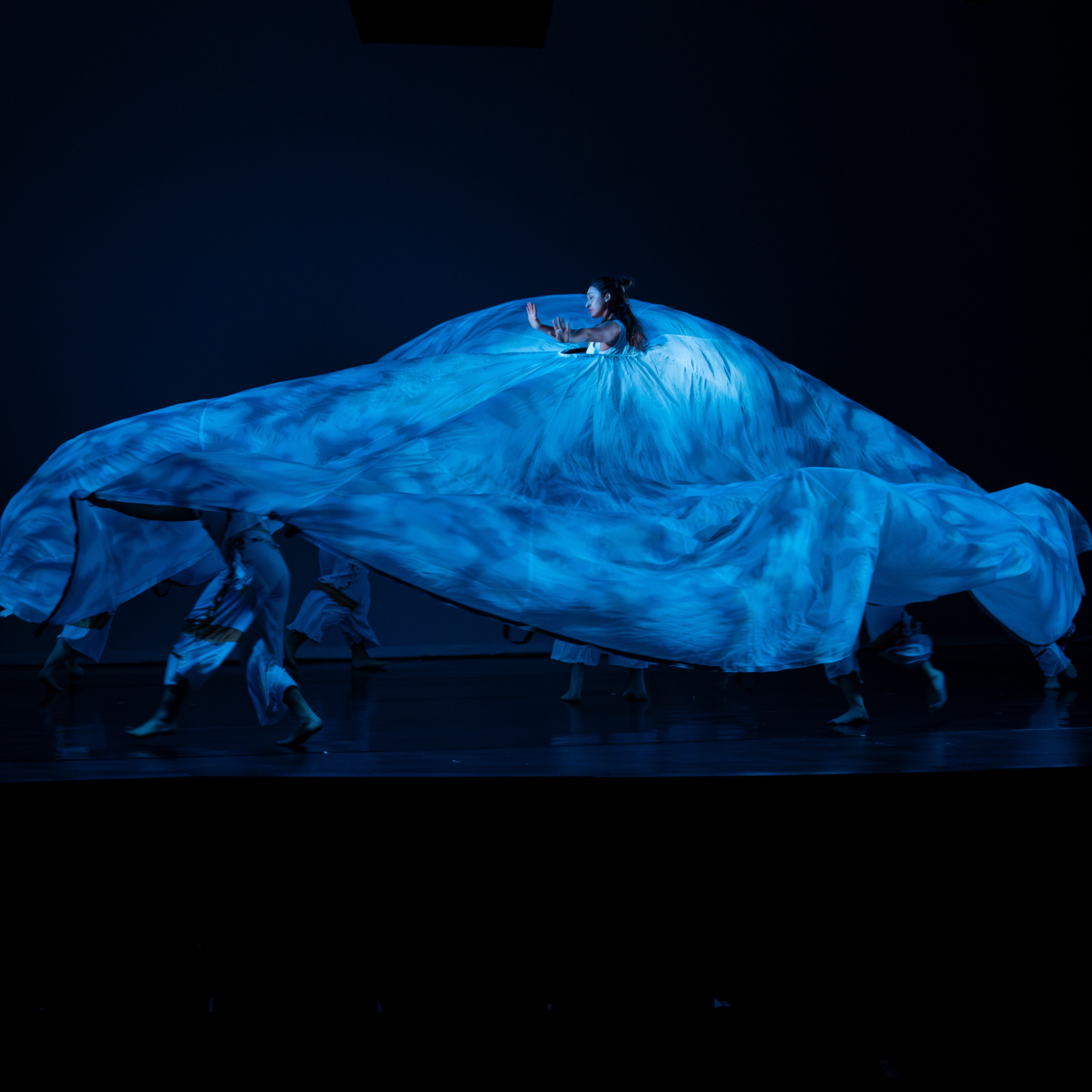 photo of women in large white skirt with dancers moving the fabric underneath