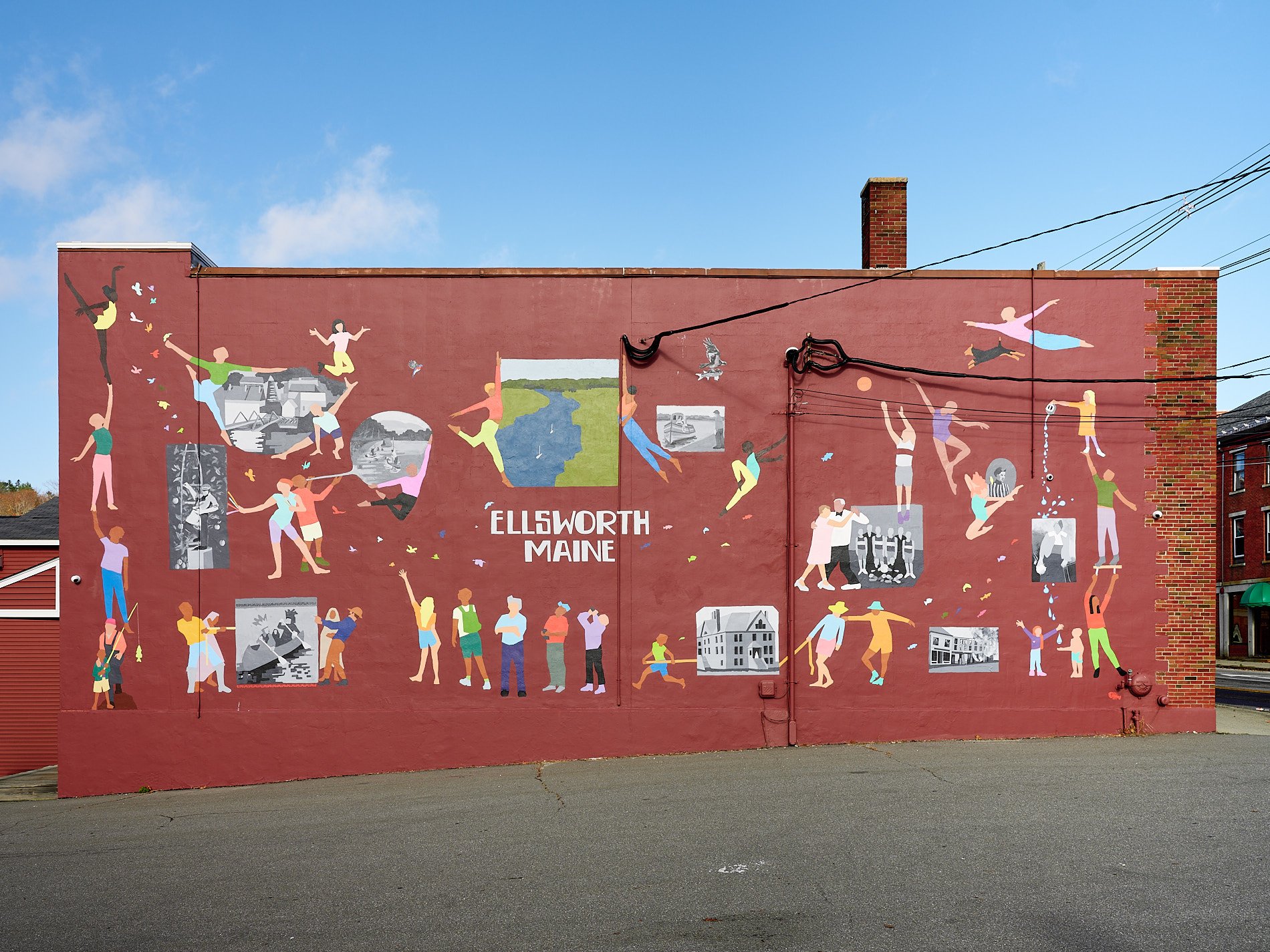 The Water Street Mural in Ellsworth, Maine, by artist Judy Taylor, depicts local themes and history, enriching downtown with cultural significance.