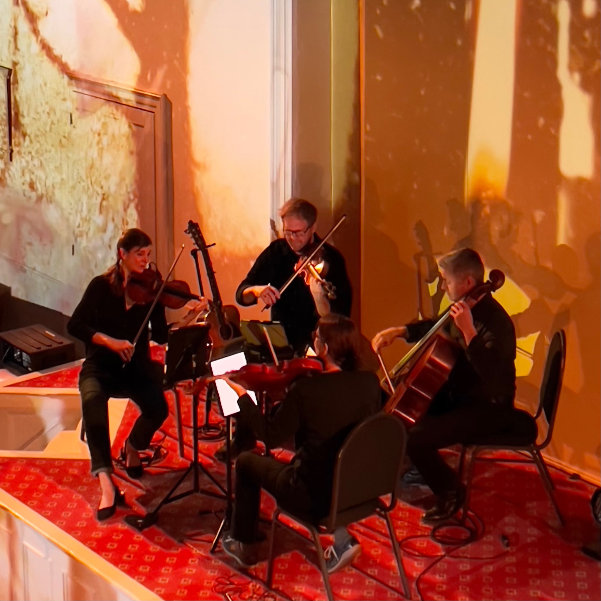 The photo captures Skylark in a performance accompanied by background light projections.