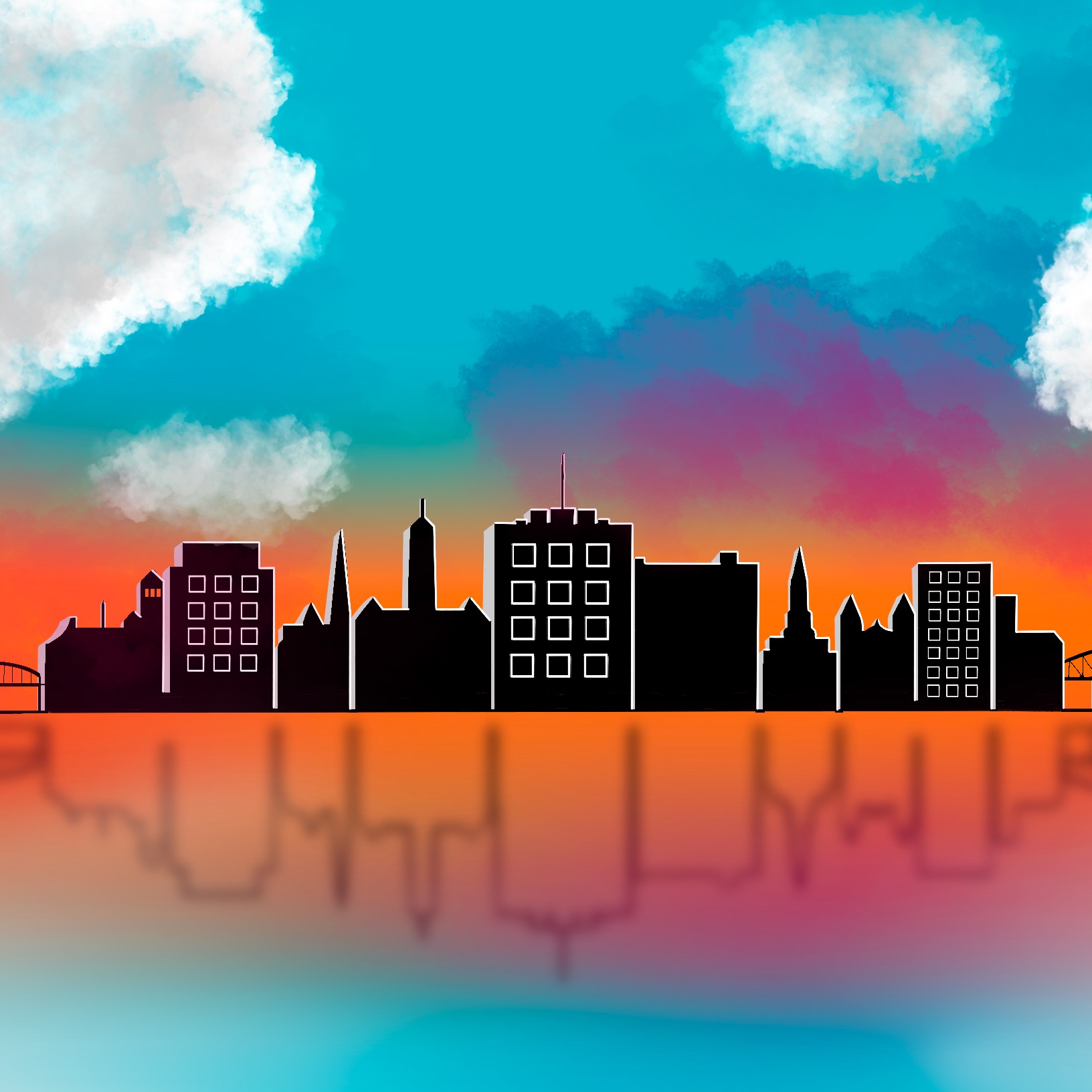 Lowell, MA city skyline highlighted by a beautiful sunset
