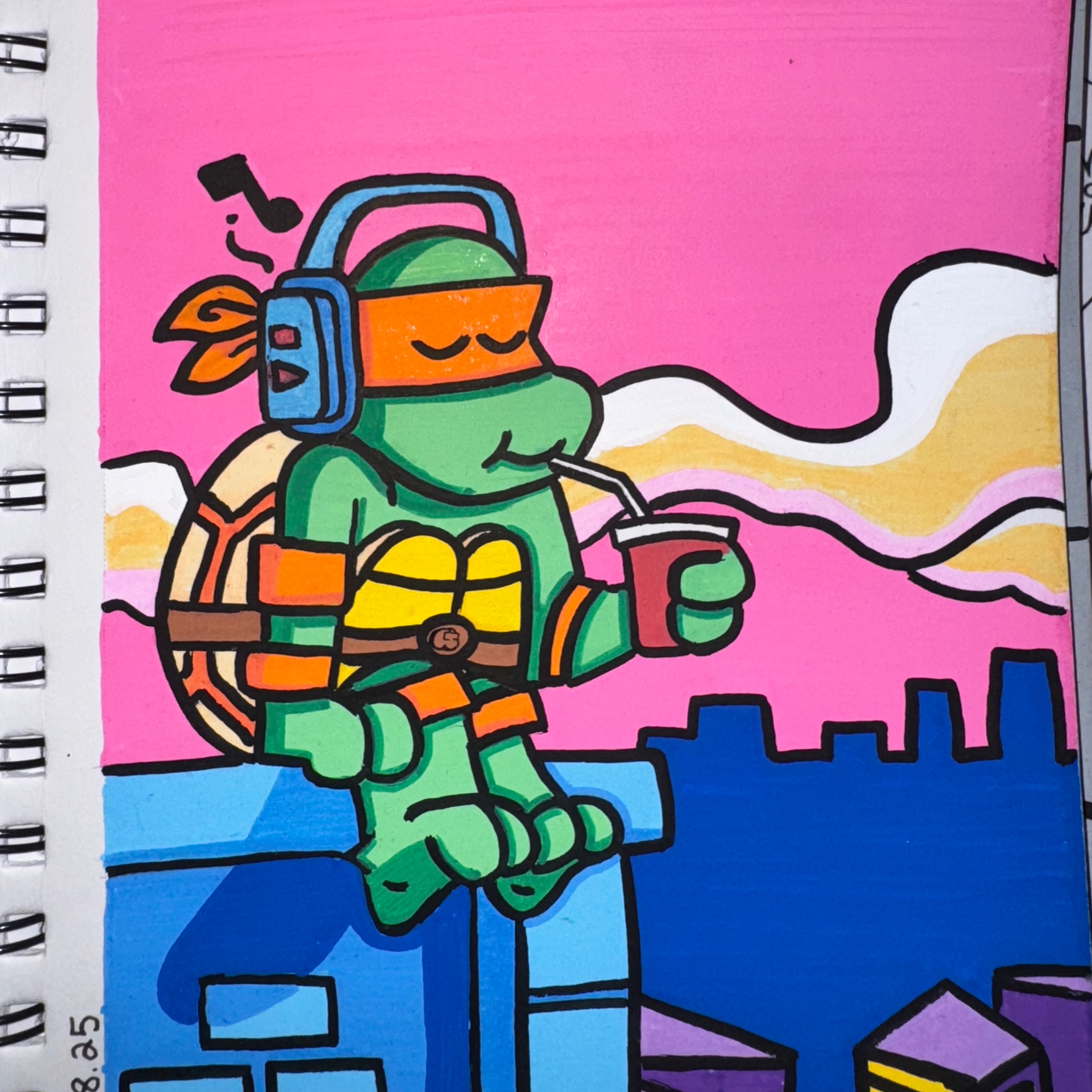 A character drawing of Michelangelo listening to music on a rooftop  
