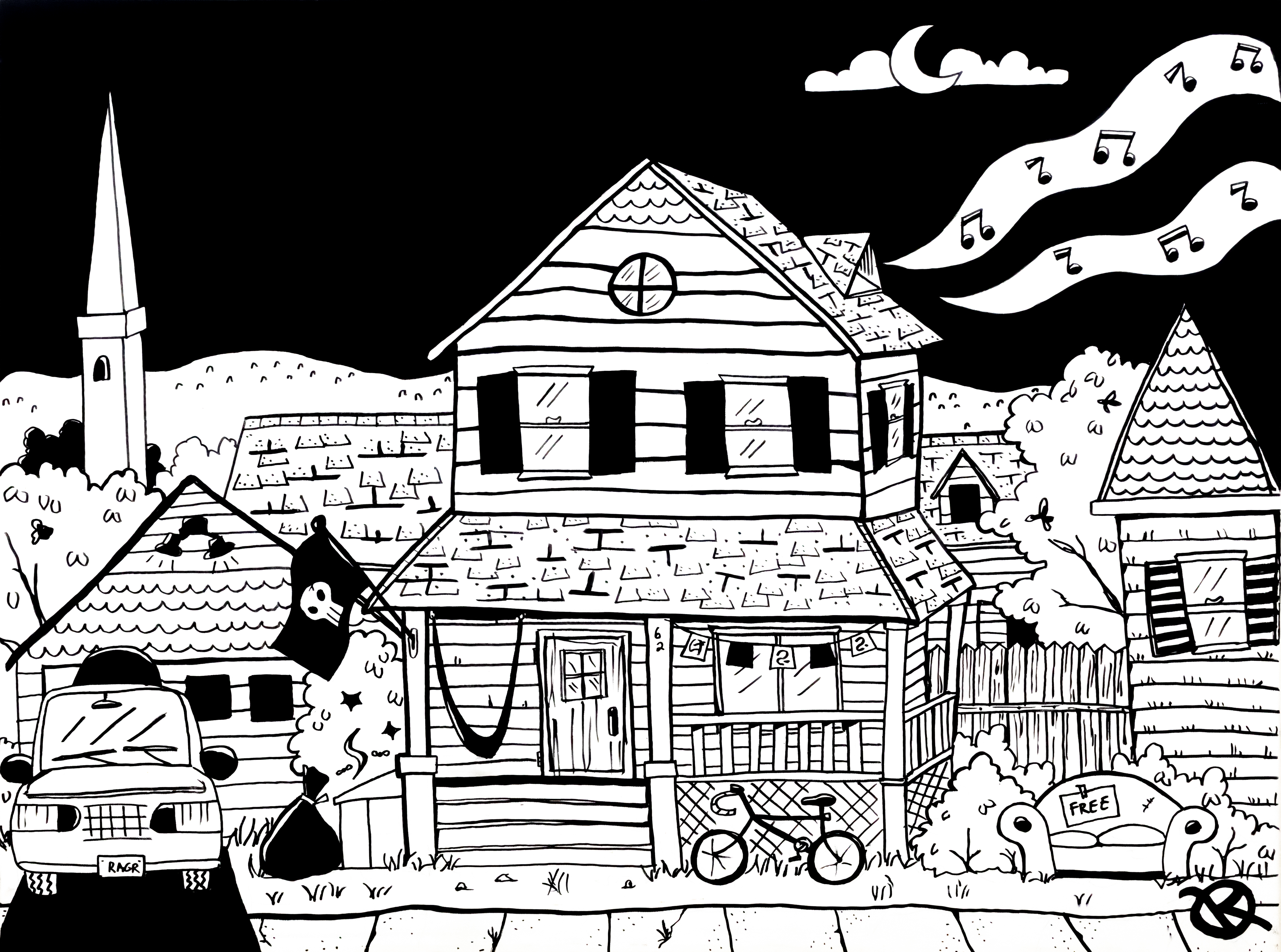 A black and white image of a house on a "city" street in Burlington, VT. A pirate flag hangs from the porch. Music emanates from an upstairs window. A bike is locked outside. A prayer flag spans between to posts on the porch. It is night.