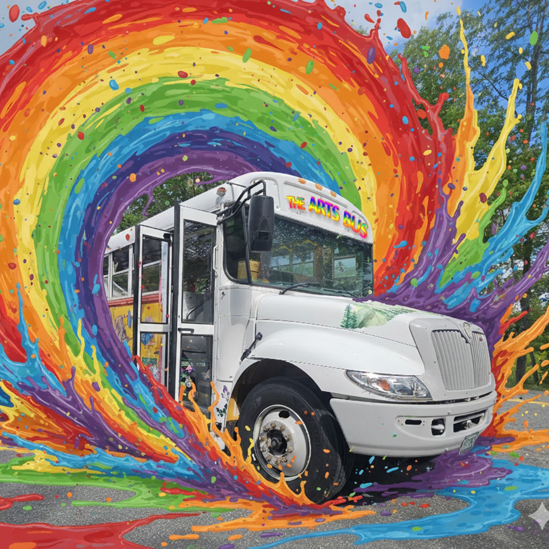 Big white bus named The Arts Bus with rainbow swirl around it.
