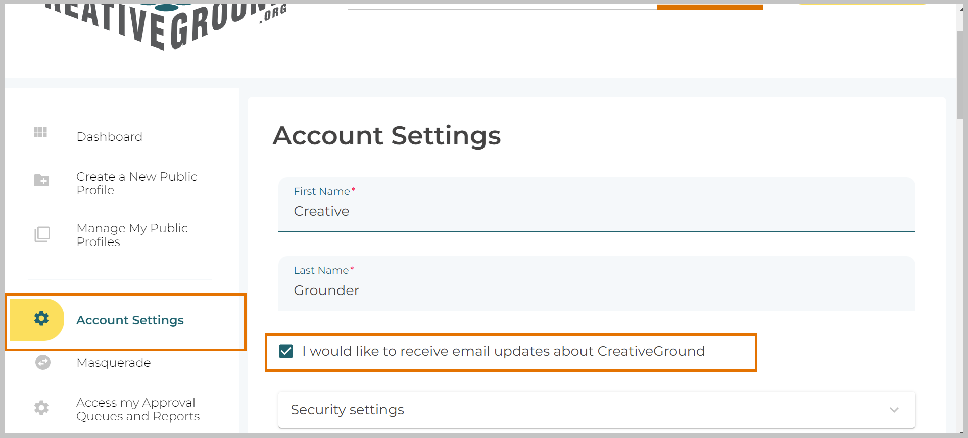 Screenshot of the account settings dashboard showing checkbox to opt in to email communication