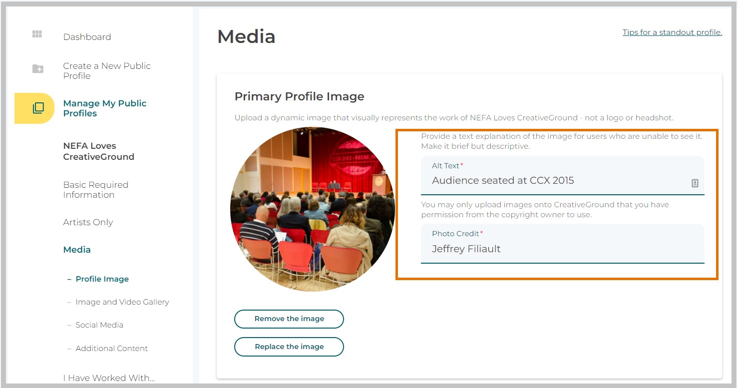 Screenshot of the profile media fields showing Alt Text and Photo Credit are required